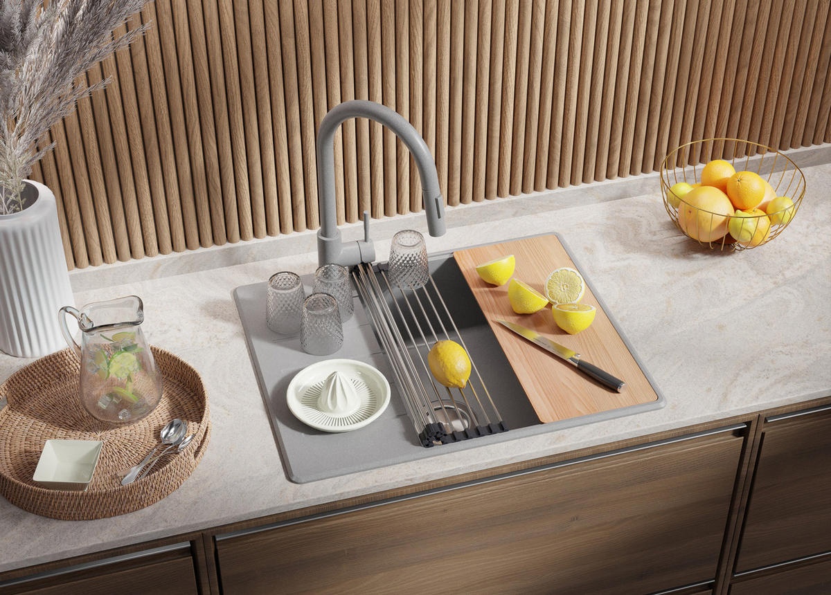 SPÜLBECKEN Kopenhagen, 2-er set Grau 62/50 cm 1 Becken + Ablauf-Set + Schneidebrett ab 50er Unterschrank - Beige/Grau, Kunststoff (62/20/50cm) - Primagran