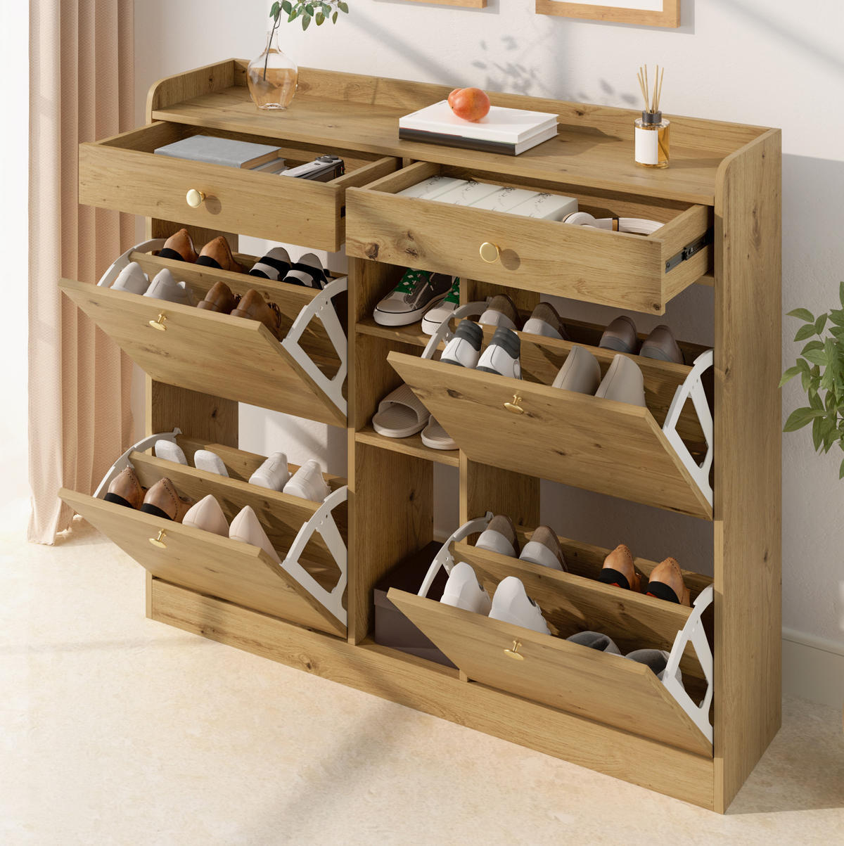 SCHUHSCHRANK 110/26/100 cm natur aus Spanplatte mit 4 Klappen und 2 Schubladen - Naturfarben, Holzwerkstoff (110/100/26cm) - OKWISH