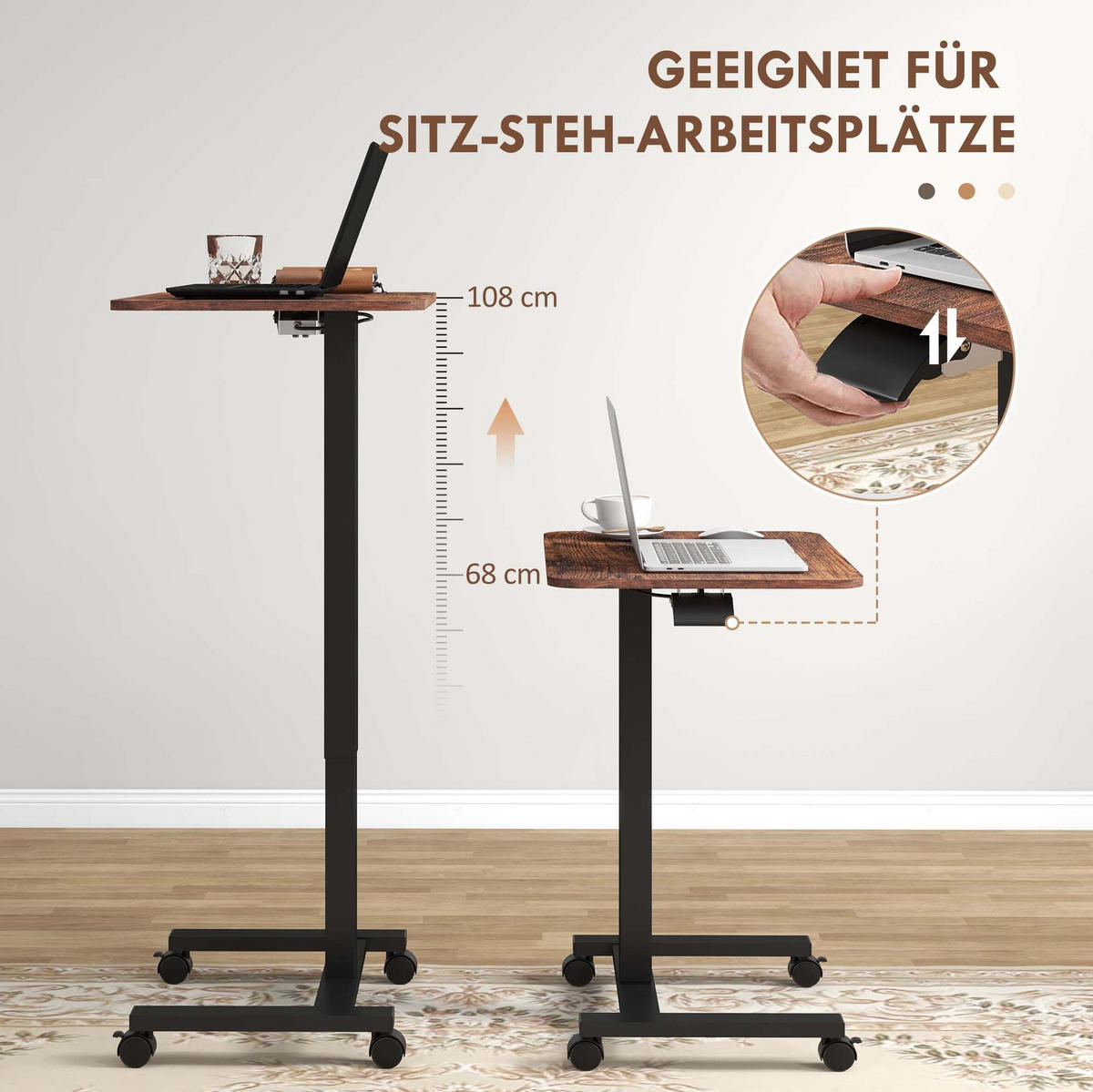 LAPTOPTISCH höhenverstellbar 65 x 48 x 68-108 cm Brown mit 4 Rollen - Braun, Holz (65/48/108cm) - Meubliv