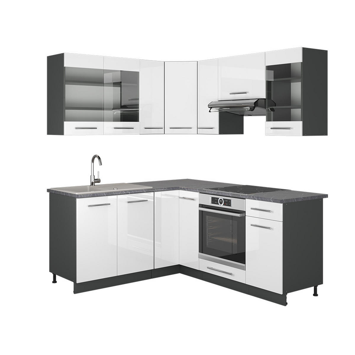 ECKKÜCHE Fame-Line Weiß Hochglanz/Anthrazit 160 x 190 cm, AP Marmor - Weiß Hochglanz/Anthrazit, Holzwerkstoff (190/81.6/60cm) - Vicco