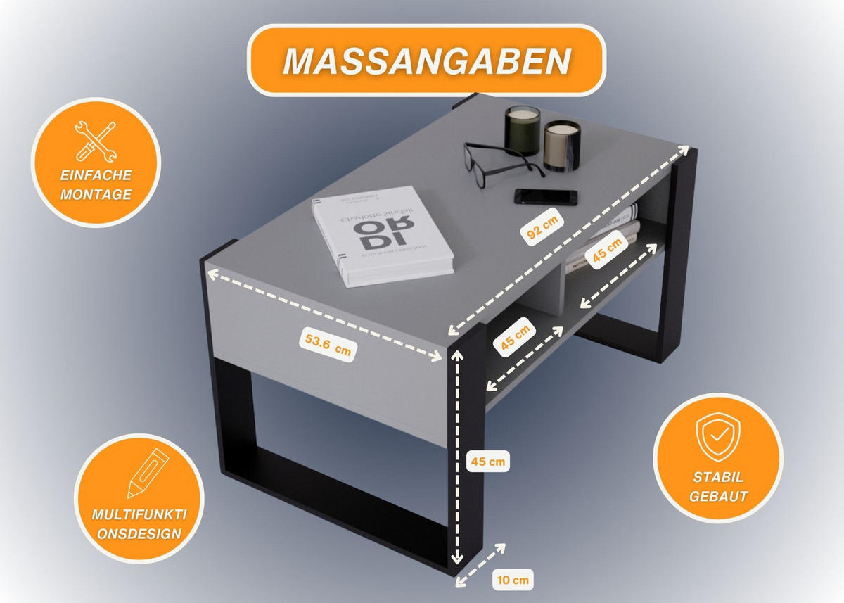 COUCHTISCH Holzwerkstoff rechteckig stabil Dunkelgrau 45/53,6/92cm - Dunkelgrau/Schwarz, Holzwerkstoff (53.6/92/45cm) - CraftPAK