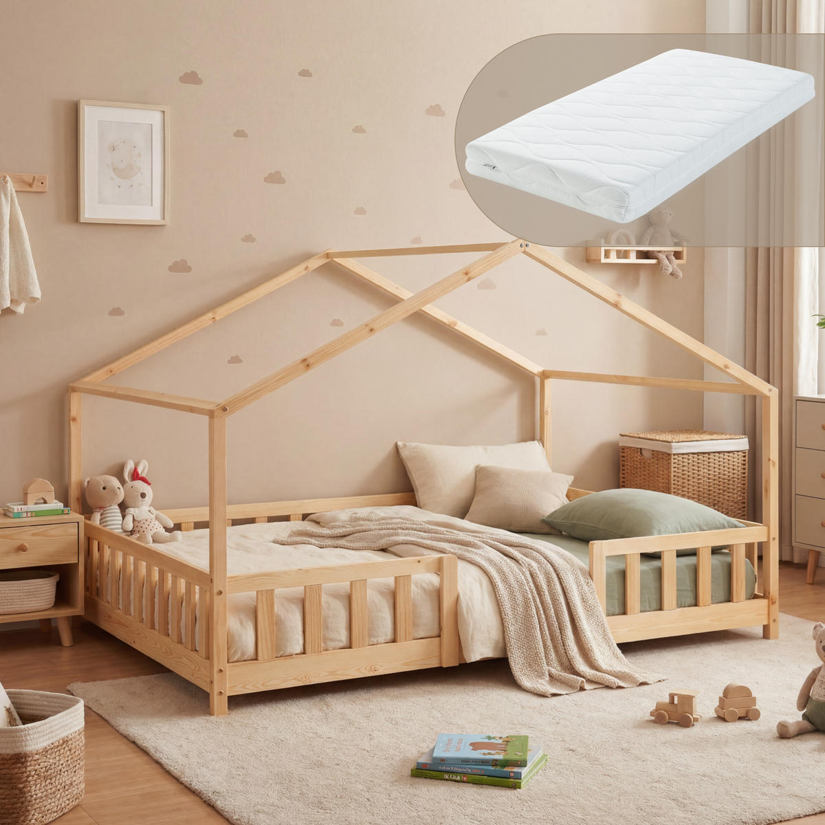 HAUSBETT Treviolo mit Matratze - Naturfarben, Holz/Textil (140/200cm) - [en.casa]