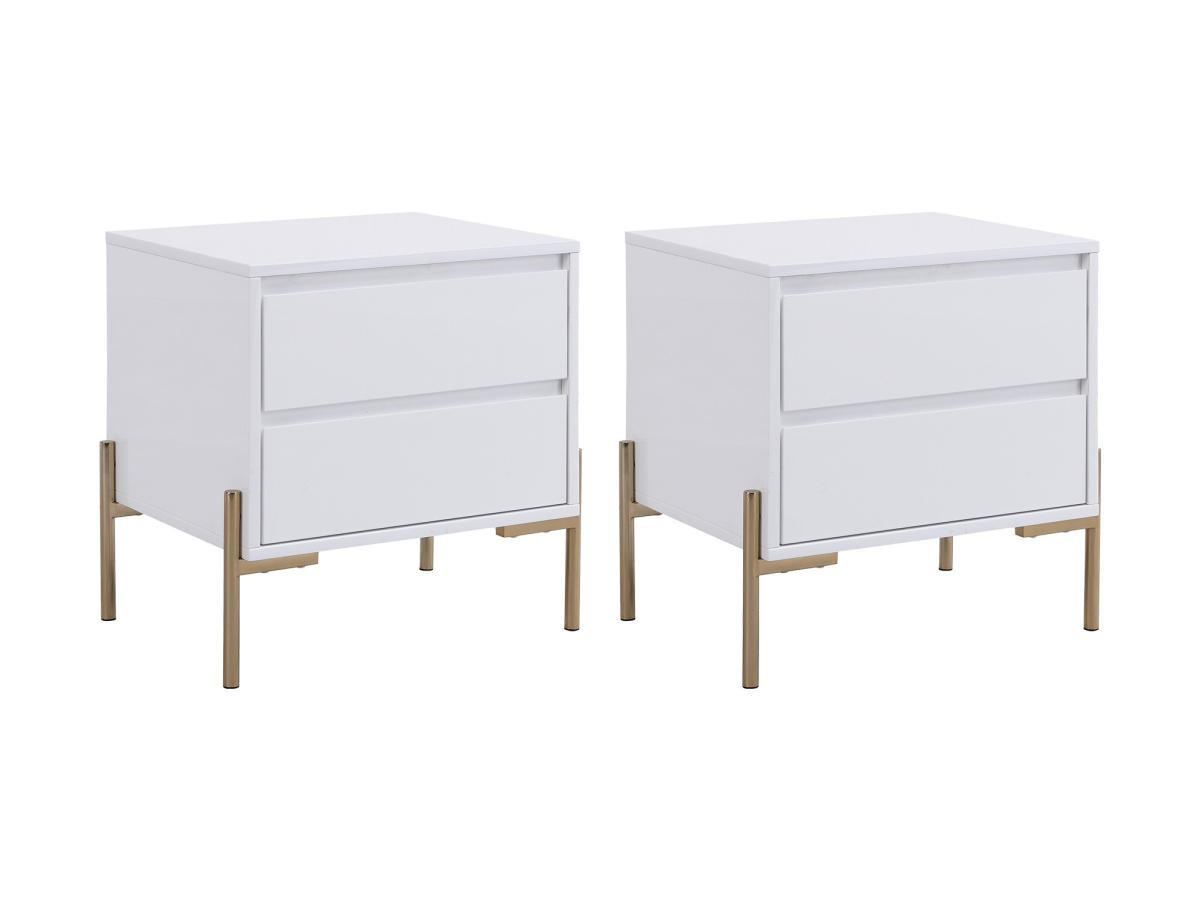 2ER-SET Nachttische mit 2 Schubladen - MDF & Metall - Weiß lackiert & Goldfarben - KORASA - Weiß, Holz (40/50/50cm) - Pascal Morabito