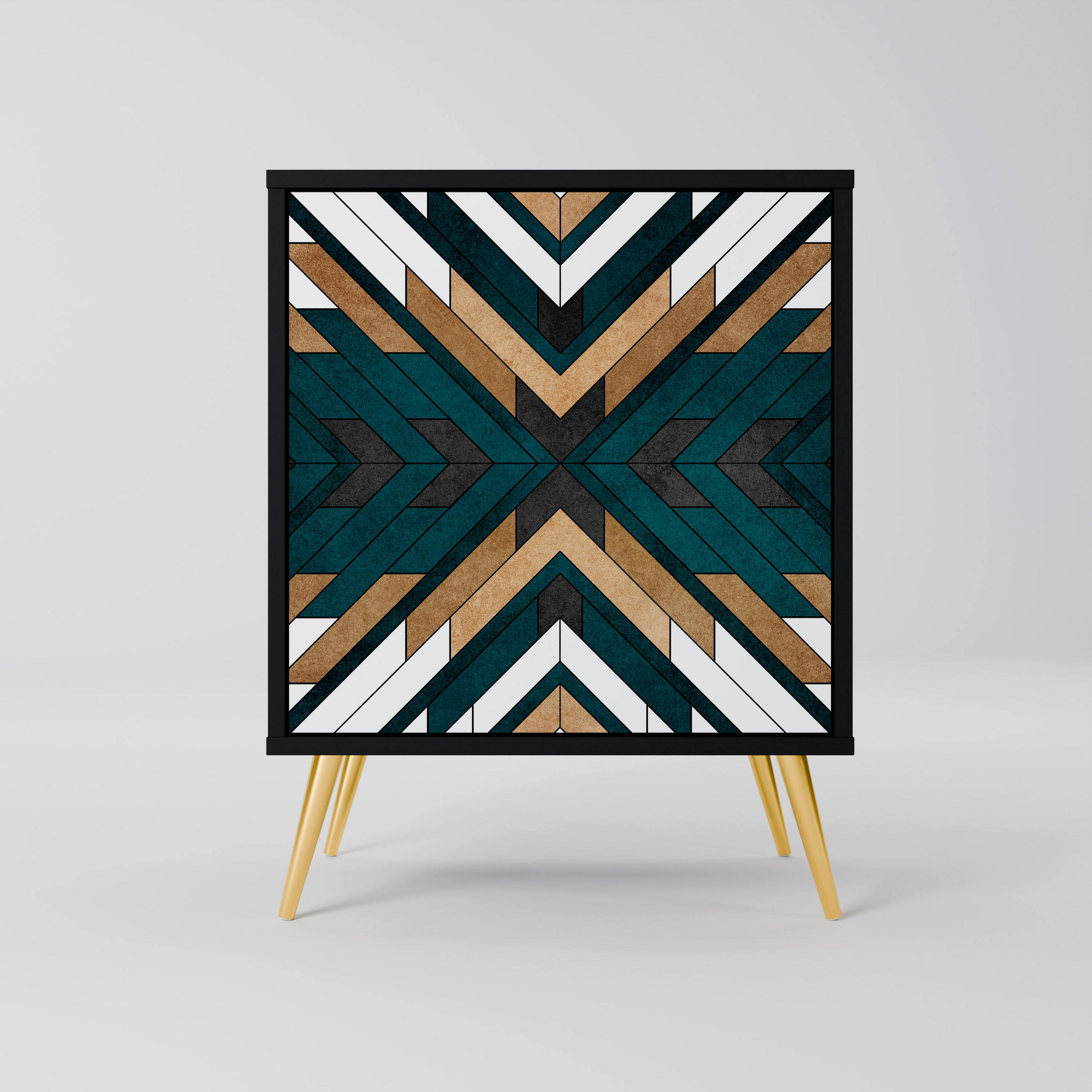 SIDEBOARD ARTISTIC GEOMETRY, Schwarz, 57,5x42x75,5 cm, Goldfarbene Metallfüße - Goldfarben/Multicolor, Holzwerkstoff/Metall (57.5/75.5/42cm) - SpaceRebels