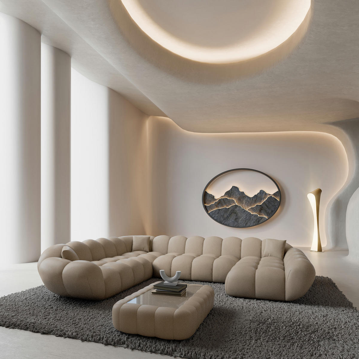 WOHNLANDSCHAFT Liva Beige Kunstleder U-Form XXL Rechts - Beige, Kunststoff (258/70/323cm) - VAROYAL
