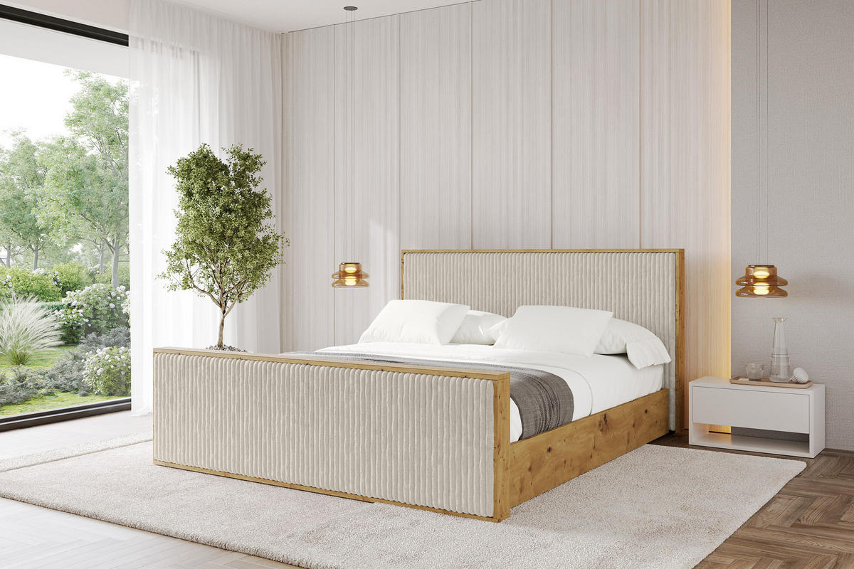 POLSTERBETT mit Bettkasten und Lattenrost, Boxbett mit Stauraum und Kopftei mit Matratze H3/H4 - ENZO10 120x200 Creme - Beige, Holzwerkstoff/Textil (120/200cm) - ALTDECOR