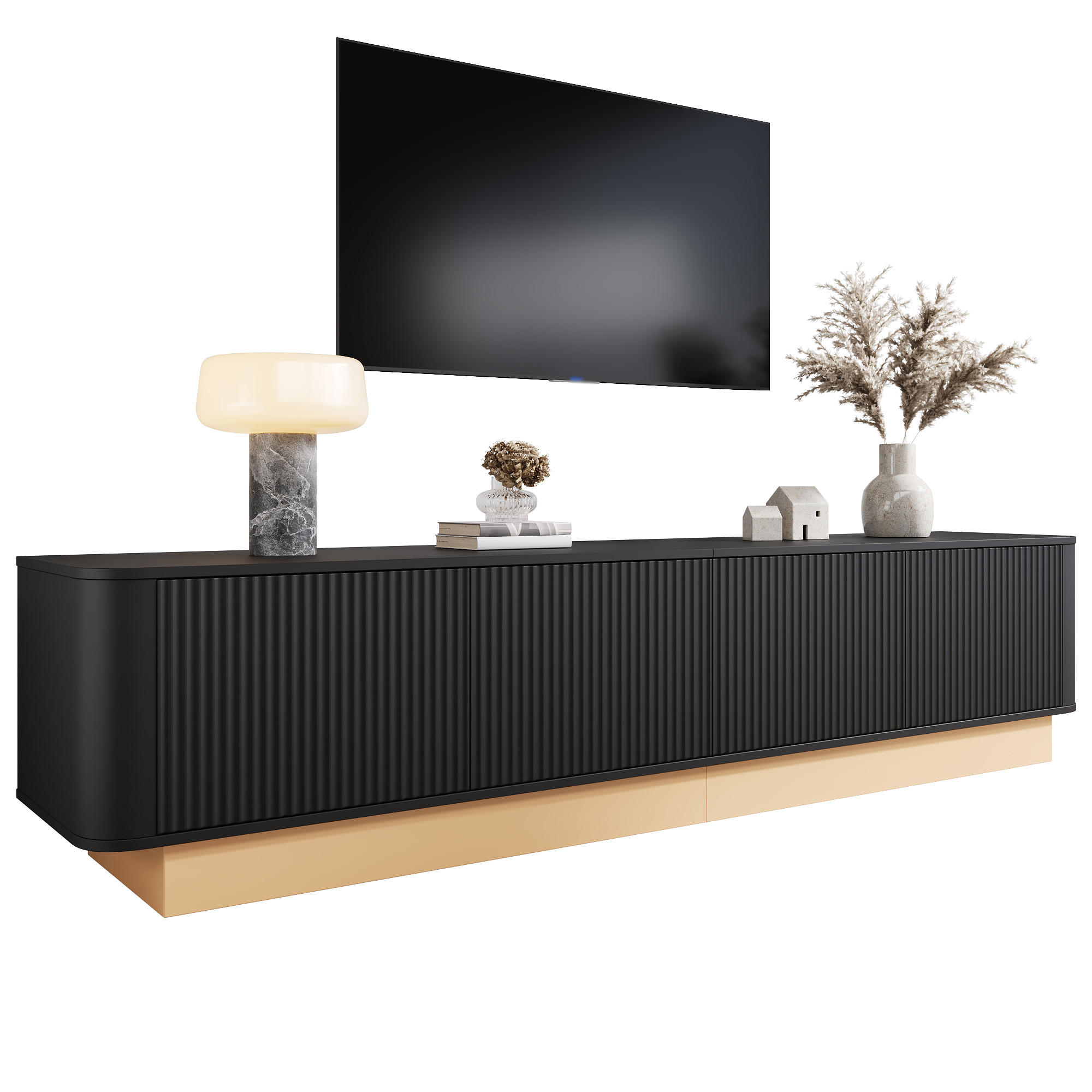 TV-LOWBOARD 200 cm geriffelt 4 Türen - Schwarz, Holz (200/47.5/40cm) - LEBENLANG