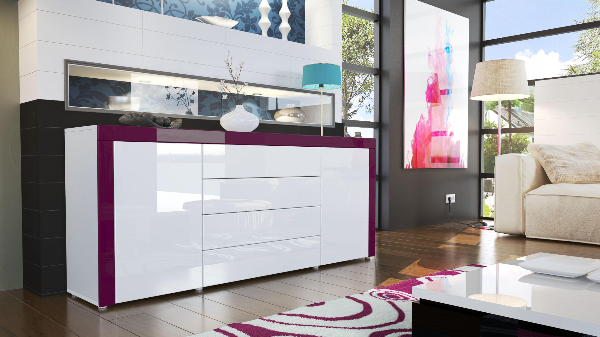 Thumbnail - Vladon Sideboard, Violett, Holzwerkstoff, 167x72x35 cm, Wohnzimmer, Kommoden & Sideboards, Sideboards