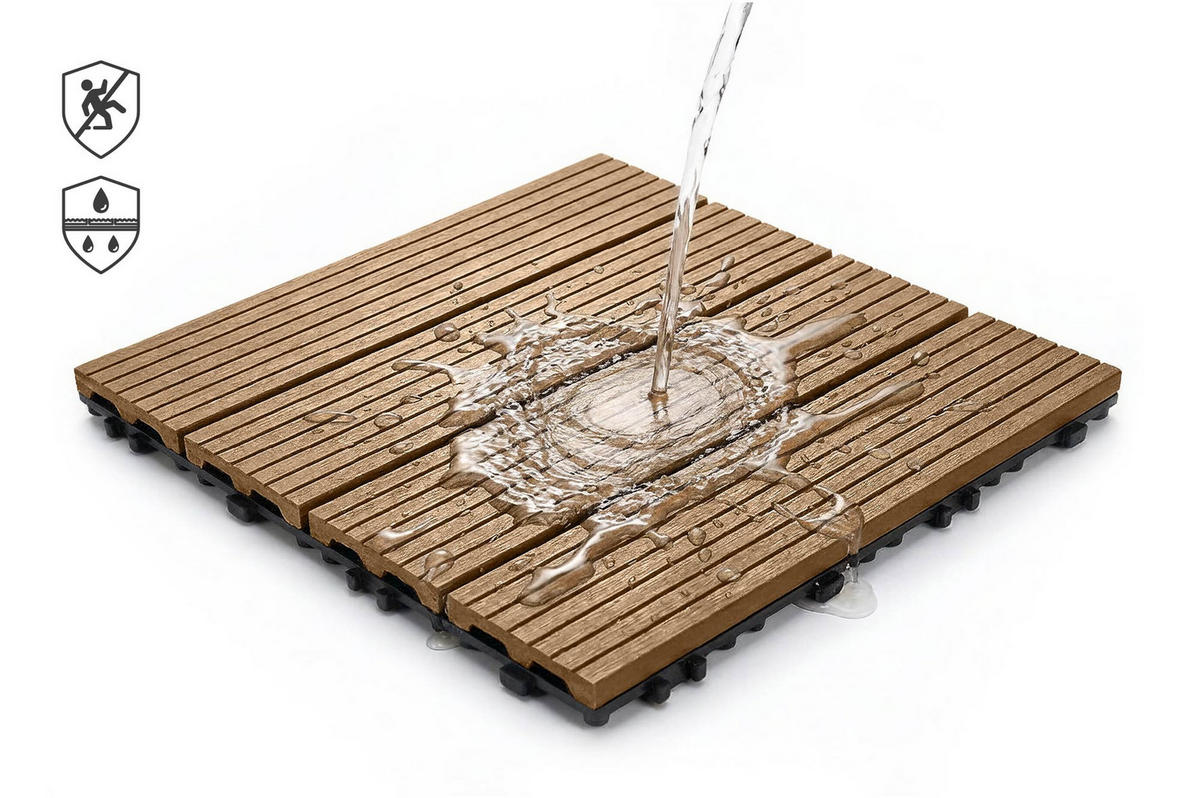 30ER-SET Terrassenplatten aus SERRA-Verbundwerkstoff in Teakoptik mit Rillen, 30 x 30 cm - Teakfarben, Holzwerkstoff (30/30/2cm) - Casanoov