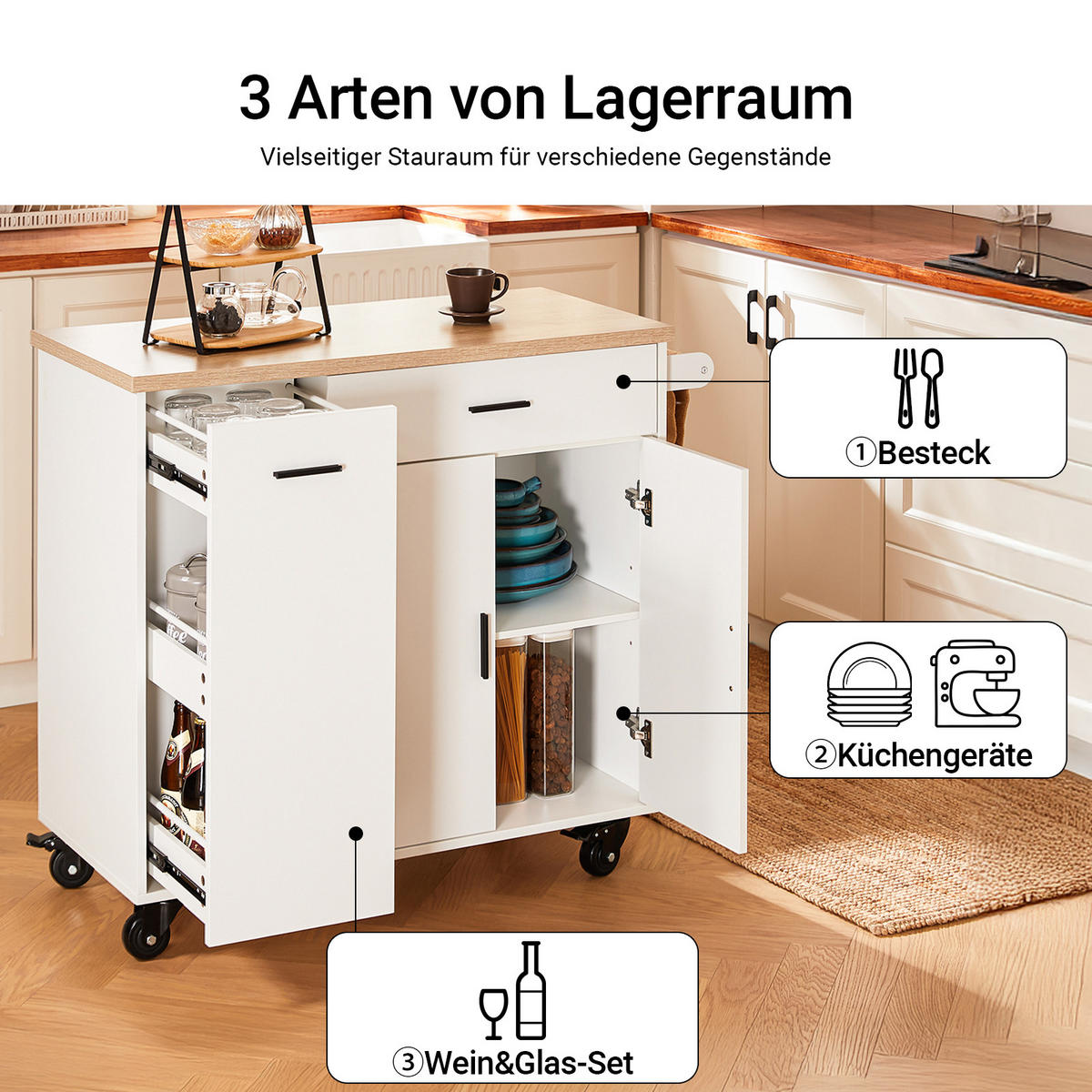 KÜCHENWAGEN auf Rollen, Kücheninsel, Weiß-Natur - Weiß/Naturfarben, Holzwerkstoff (105/92/46cm) - SoBuy