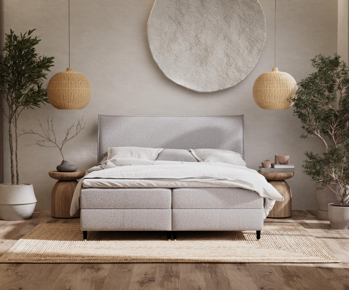 BOXBETT Melba Beige 140/200 cm mit Bonellmatratze - Beige/Schwarz, Holz/Holzwerkstoff (140/200cm) - Maison de Reve