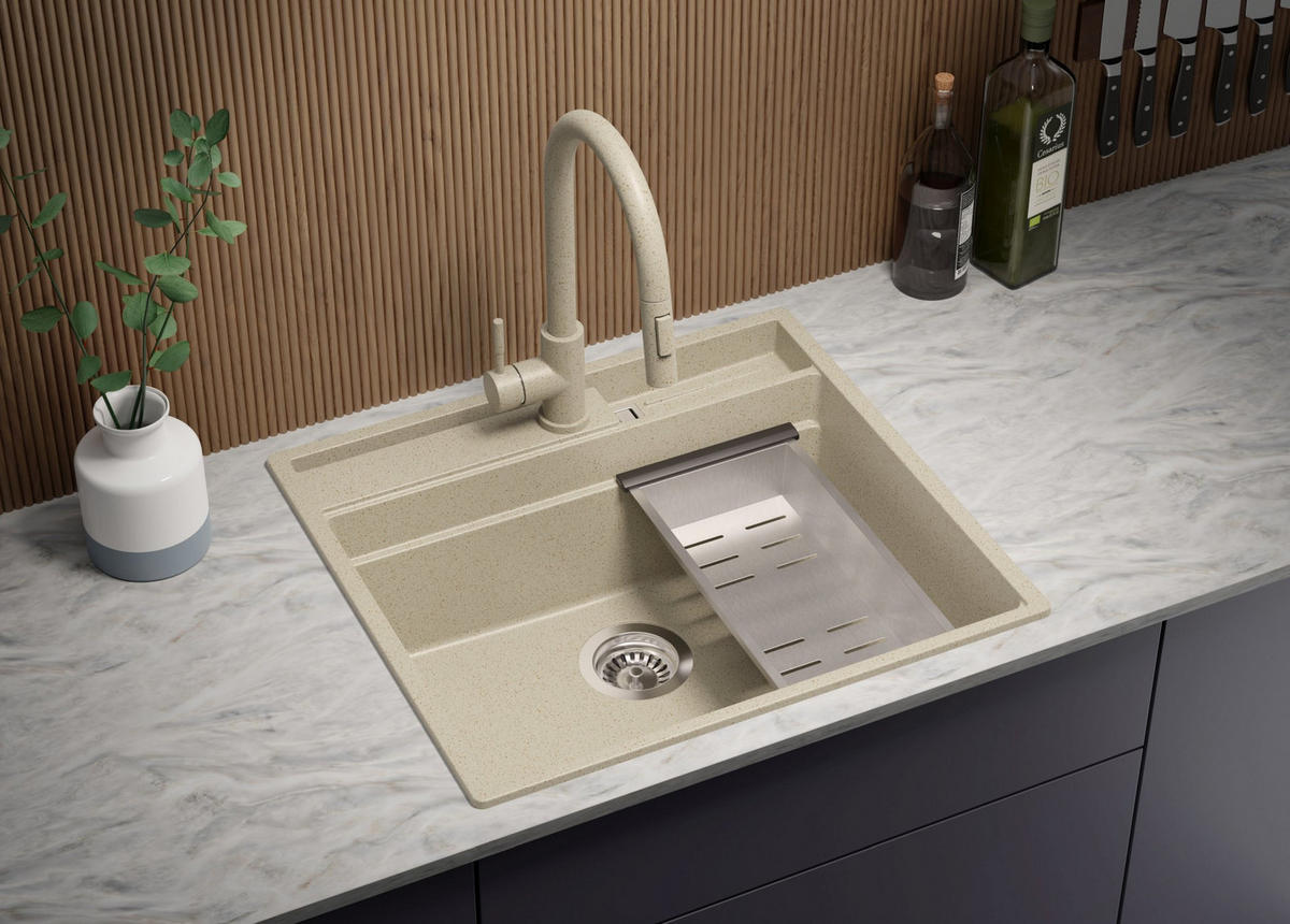 SPÜLBECKEN Oslo Pocket, 2-er set Beige 58/53 cm 1 Becken + Ablauf-Set + Küchenzubehörset ab 60er Unterschrank - Chromfarben/Beige, Kunststoff (58/20/53cm) - Primagran