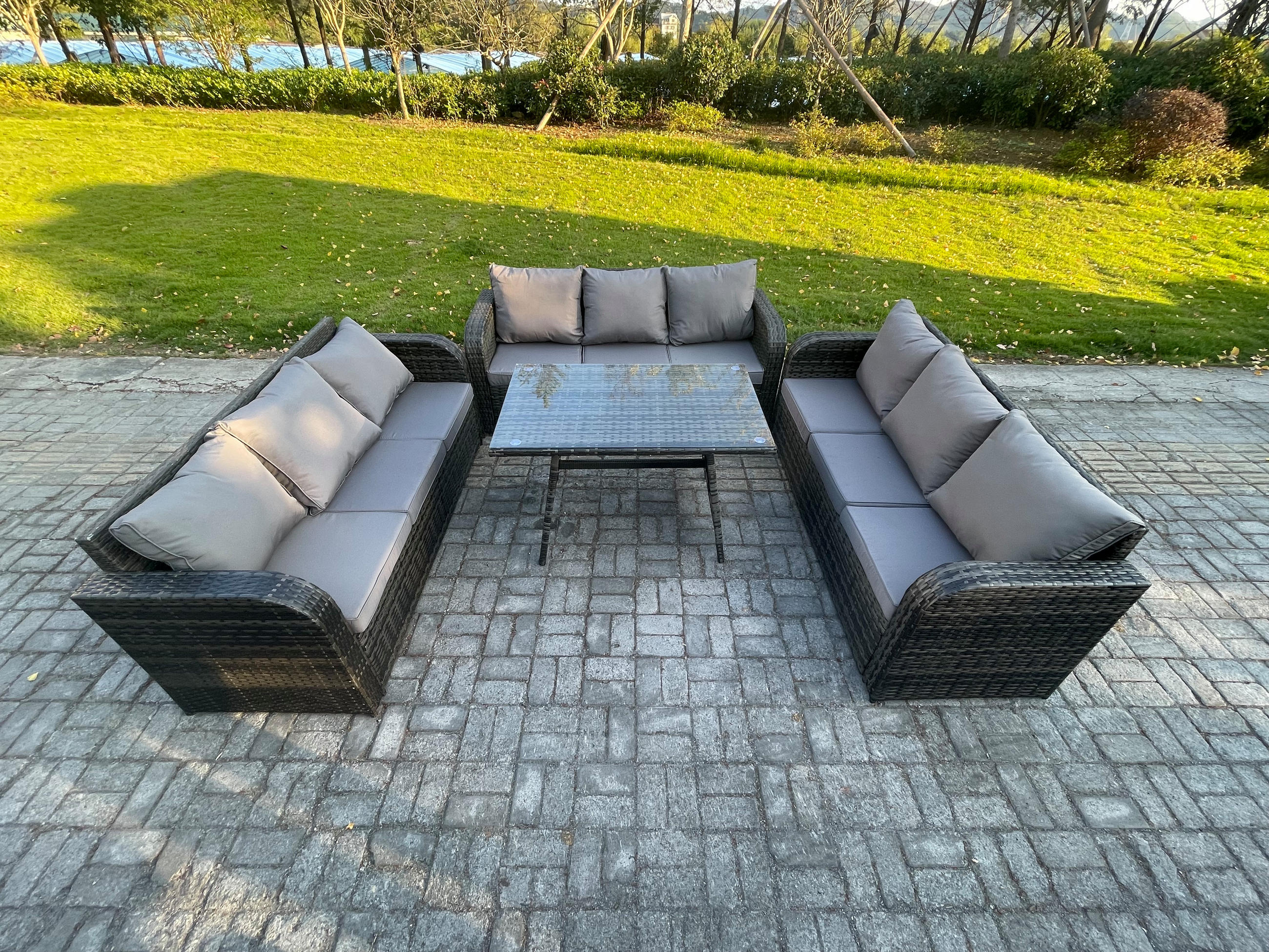 GARTENMÖBELSET mit ESSTISCH, 3-SITZER SOFA Polyrattan 9-Sitzer - Dunkelgrau/Grau, Glas/Kunststoff - Fimous