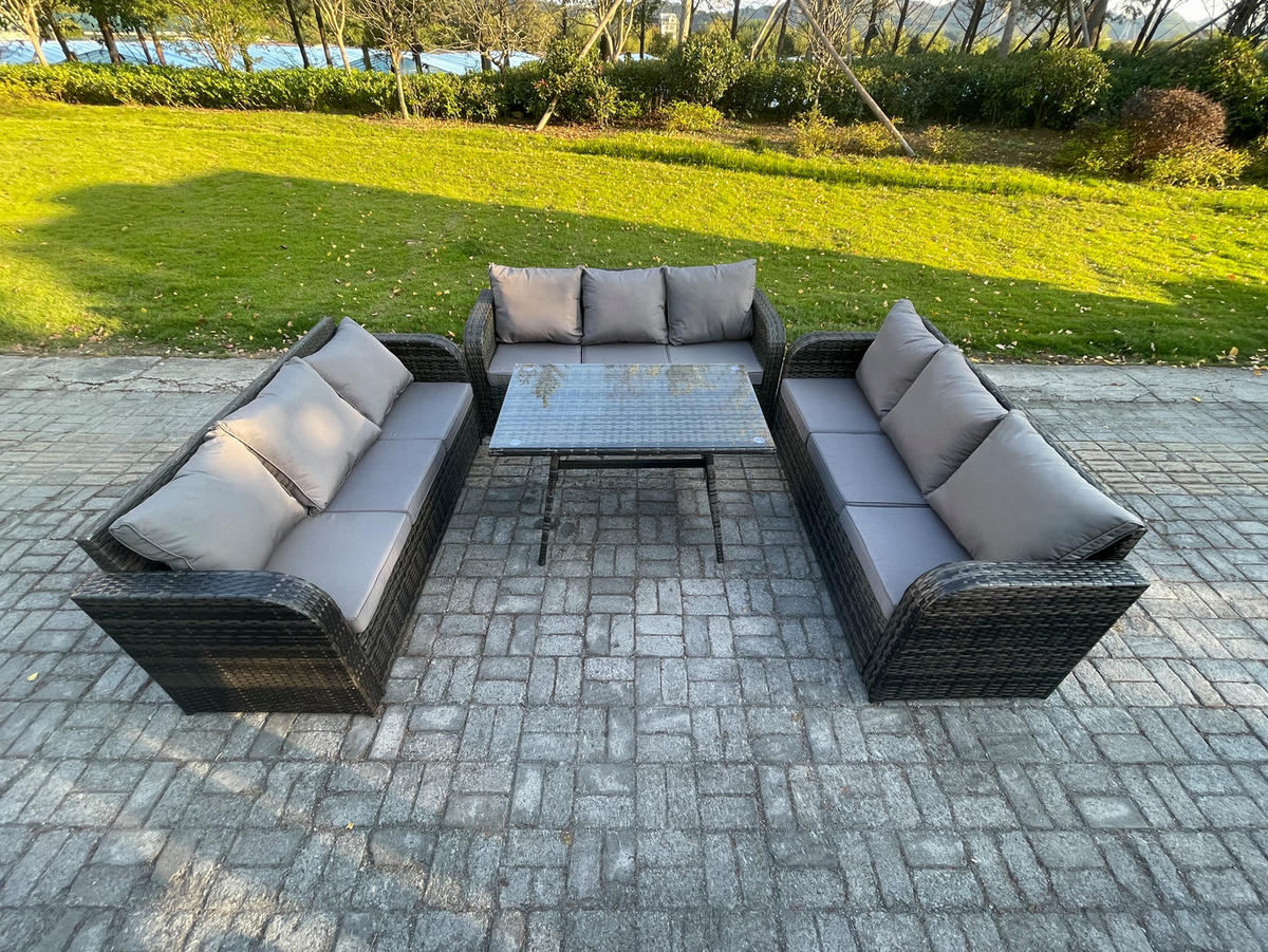 GARTENMÖBELSET mit ESSTISCH, 3-SITZER SOFA Polyrattan 9-Sitzer - Dunkelgrau/Grau, Glas/Kunststoff - Fimous