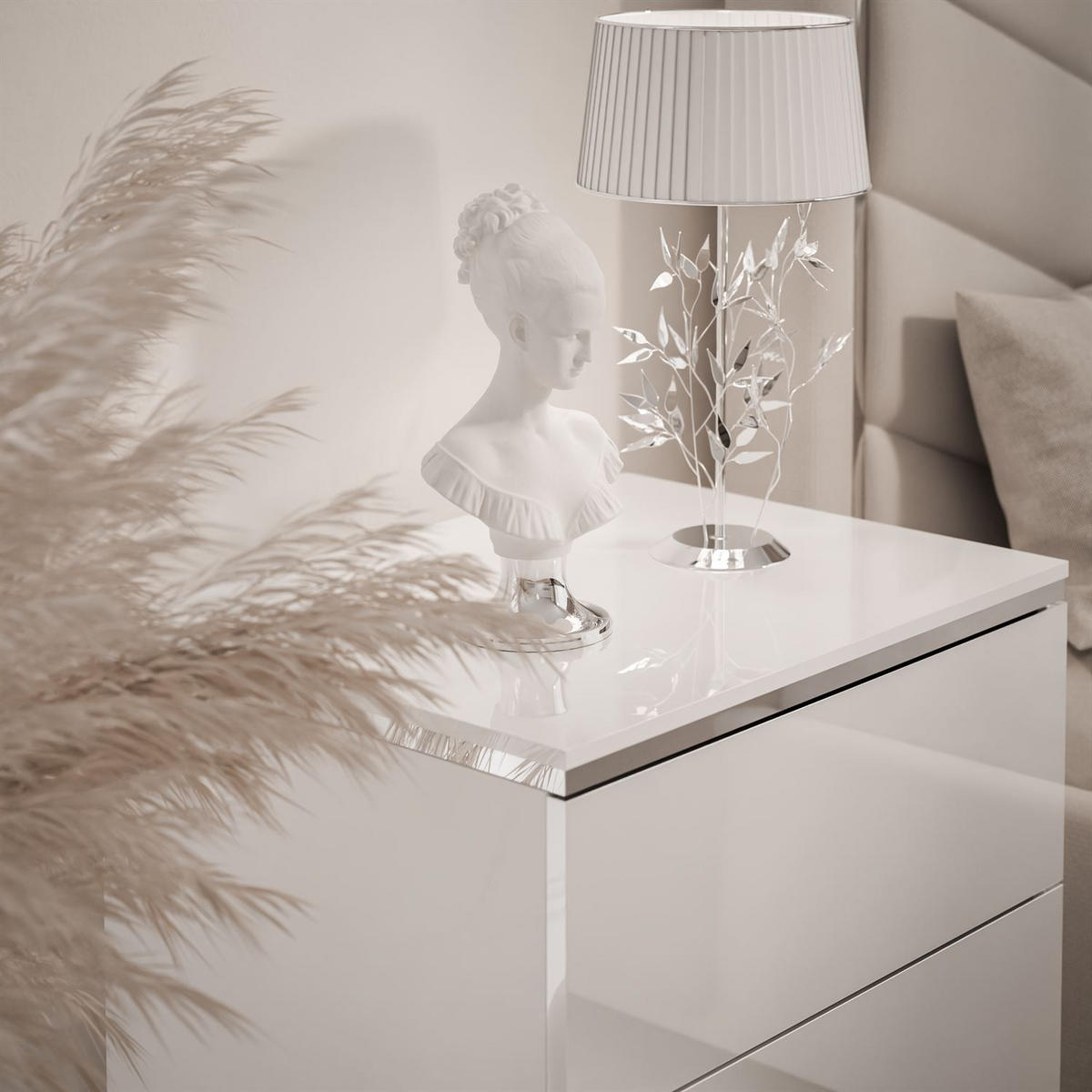NACHTTISCH AURORA II SILVER Hochglanz Weiß mit LED-Beleuchtung – mit schrägen verchromten Beinen - Weiß Hochglanz, Holzwerkstoff (50/53/37cm) - Lookway
