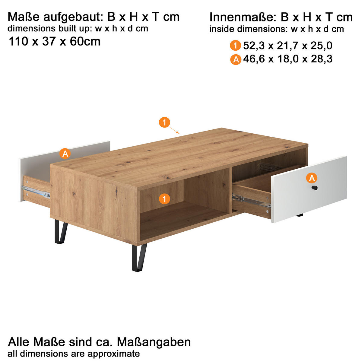COUCHTISCH weiß matt, Eiche Artisan 110 cm, Beistelltisch mit 2 x Schubkasten - Eichefarben/Schwarz, Holzwerkstoff/Kunststoff (60/110/37cm) - Top.Furn