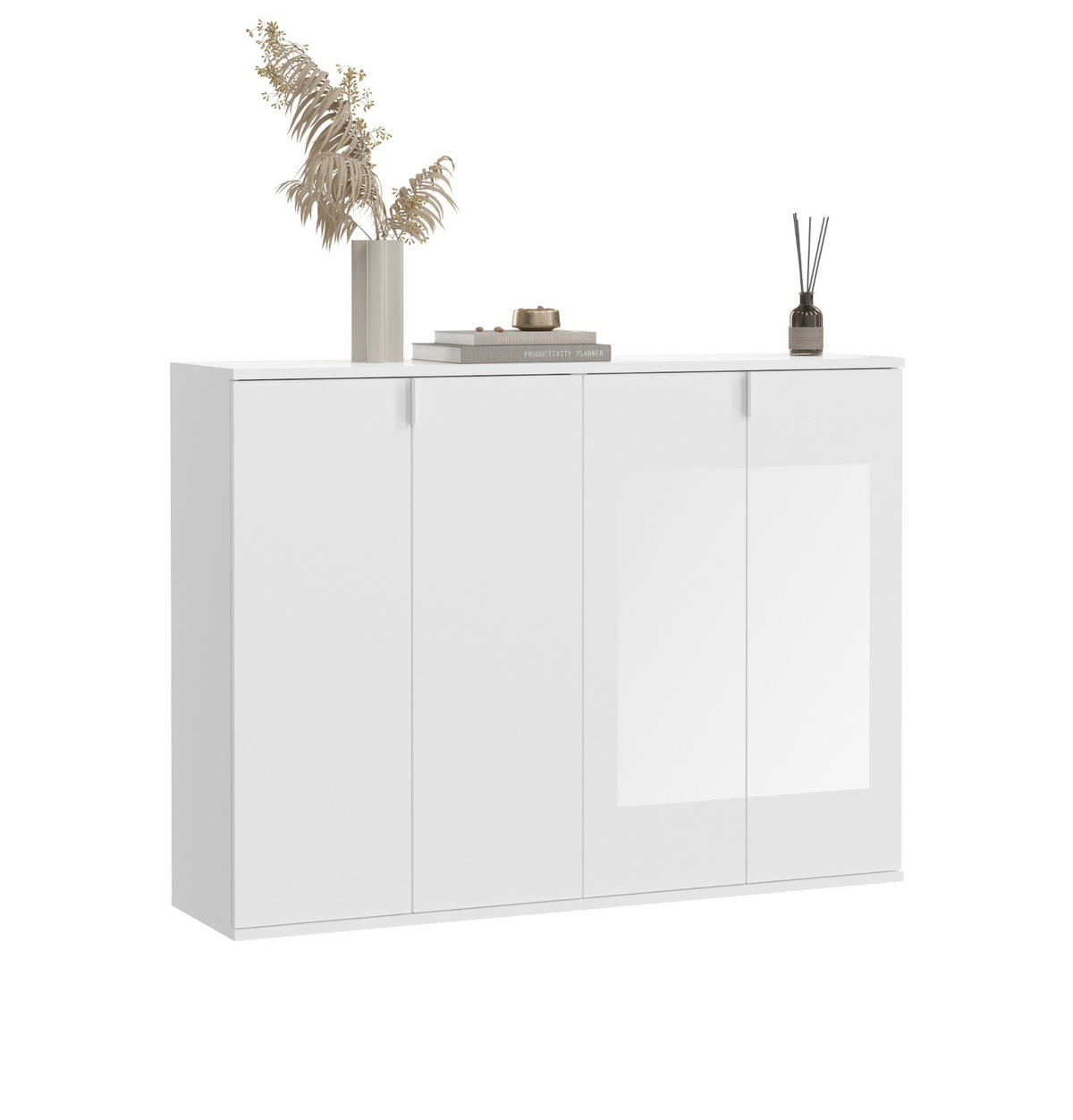 KOMMODE weiß Hochglanz 122 cm, Sideboard mit 4 Türen und 12 Fächern - Weiß Hochglanz/Silberfarben, Holzwerkstoff/Kunststoff (122/99/34cm) - Inn.Furn
