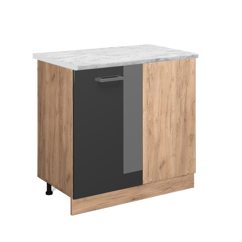 ECKUNTERSCHRANK R-Line Anthrazit Hochglanz 86 cm AP Marmor - Anthrazit/Eiche Wotan, Holzwerkstoff (86/81.6/60cm) - Vicco