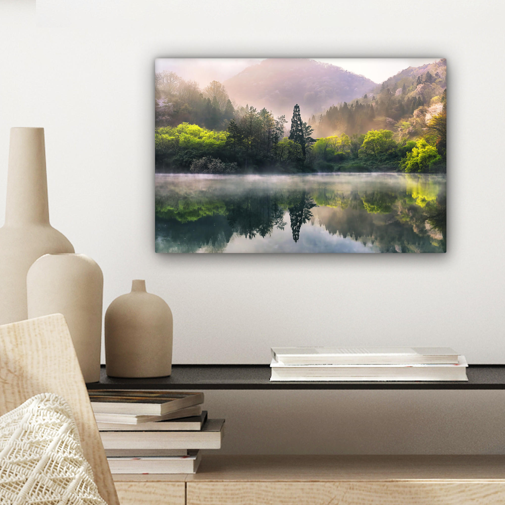 LEINWANDBILD Natur - Bäume - Berge - See - Wasser 30x20 cm - Hellgrün, Textil (30/20cm) - MuchoWow
