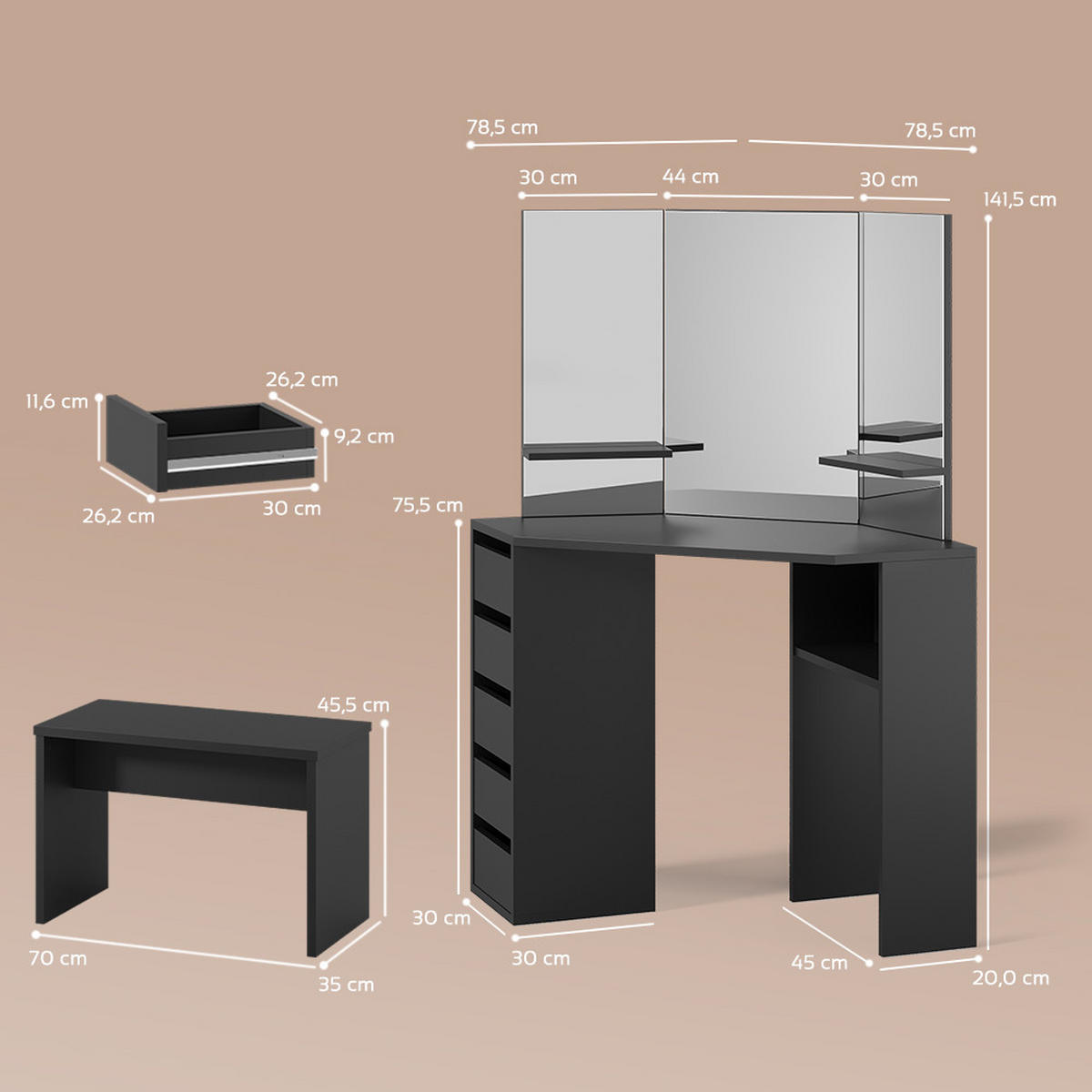 ECKSCHMINKTISCH Enna Schwarz 110 cm mit Bank - Schwarz, Holzwerkstoff (110/141.5/54cm) - Livinity®