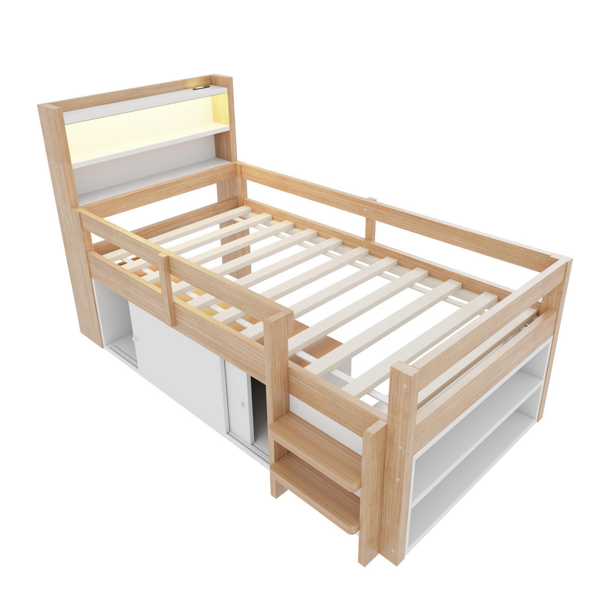 HOCHBETT 90/200 cm in Natur mit Ablageflächen, Staufächern, Schiebetüren, LED und USB - Naturfarben, Holzwerkstoff - STILVORA