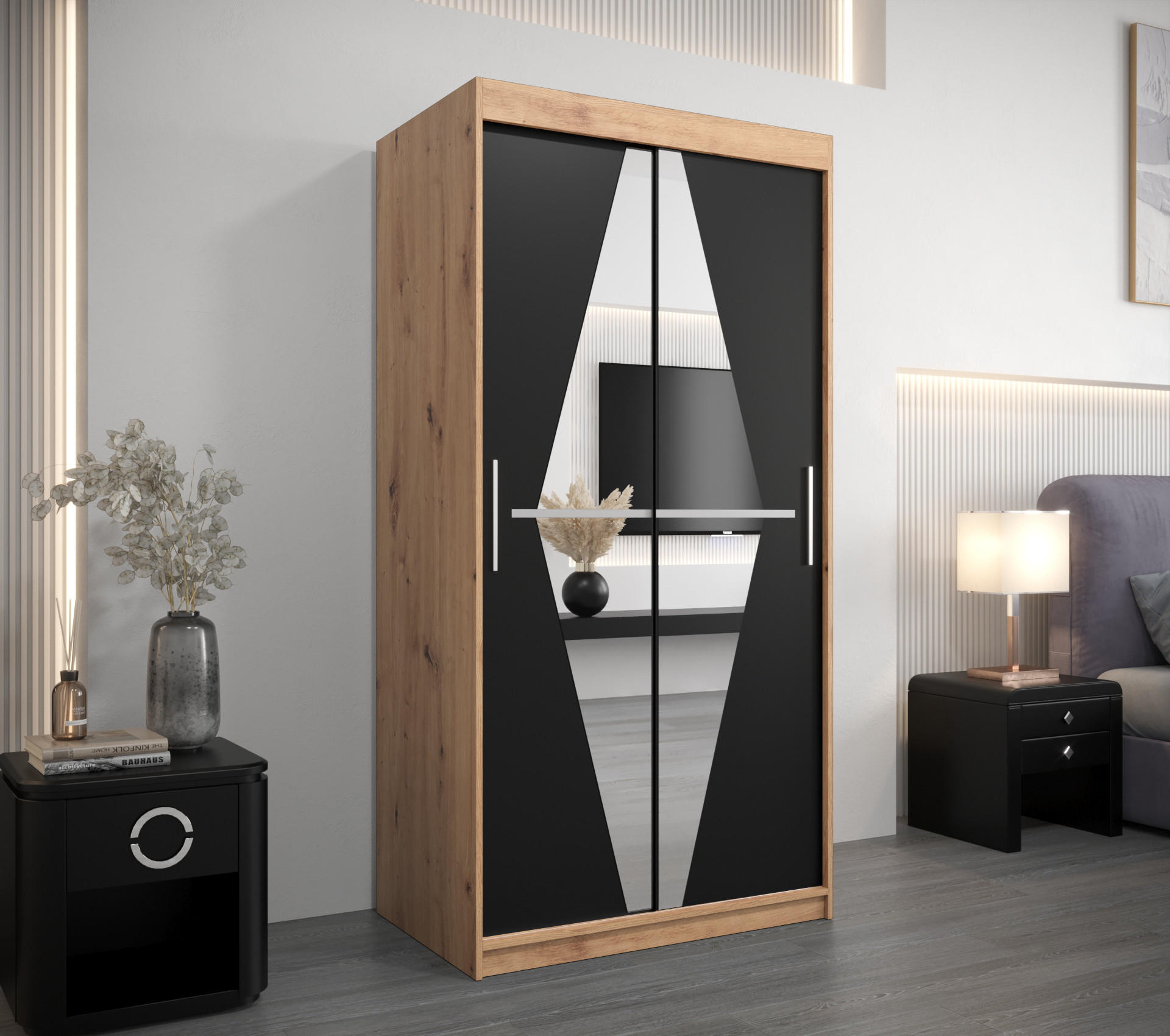 SCHWEBETÜRENSCHRANK 200/100/62 2-türig - Silberfarben/Schwarz, Holz/Kunststoff (100/200/62cm) - Abiks Möbel