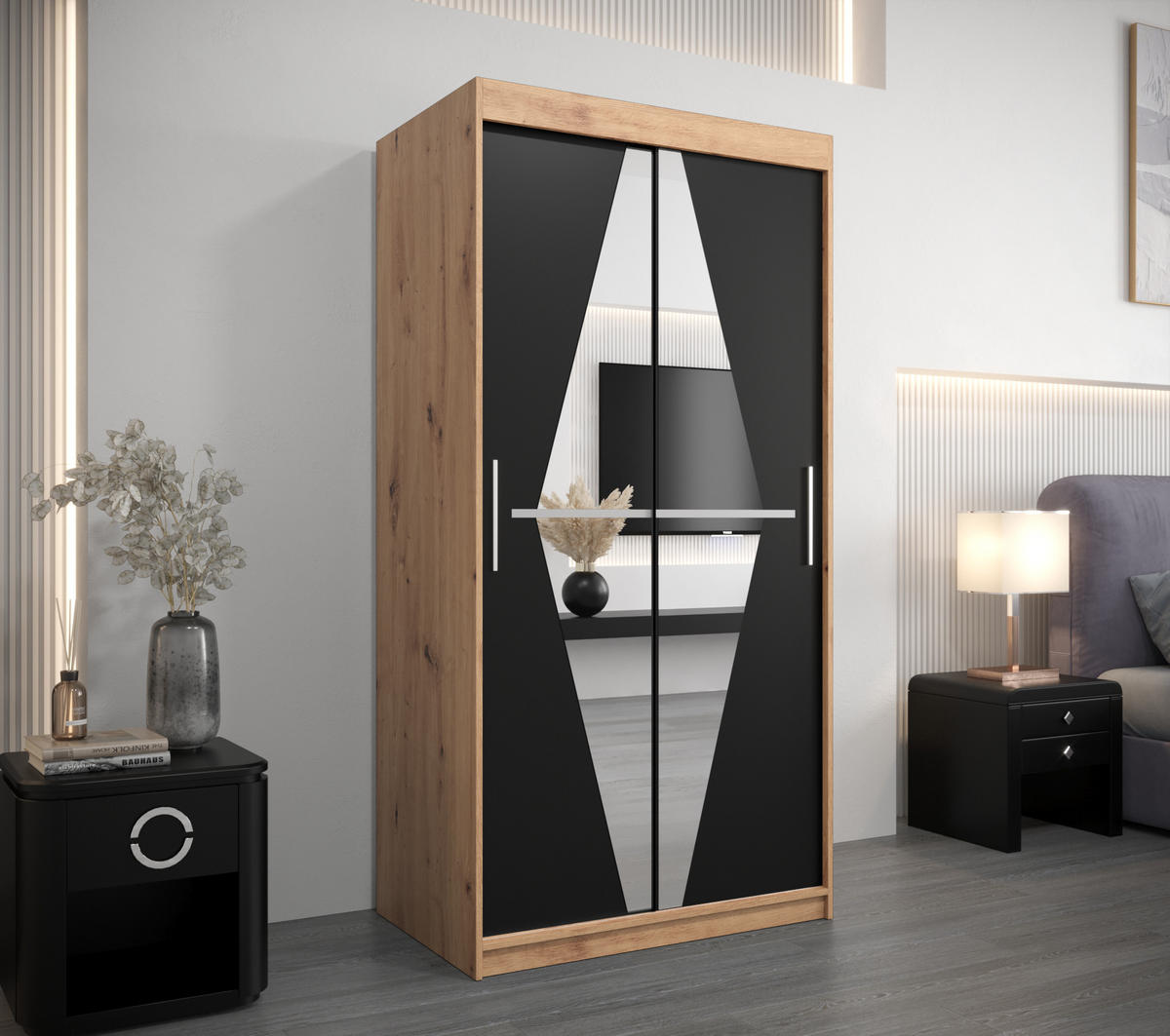 SCHWEBETÜRENSCHRANK 200/100/62 2-türig - Silberfarben/Schwarz, Holz/Kunststoff (100/200/62cm) - Abiks Möbel