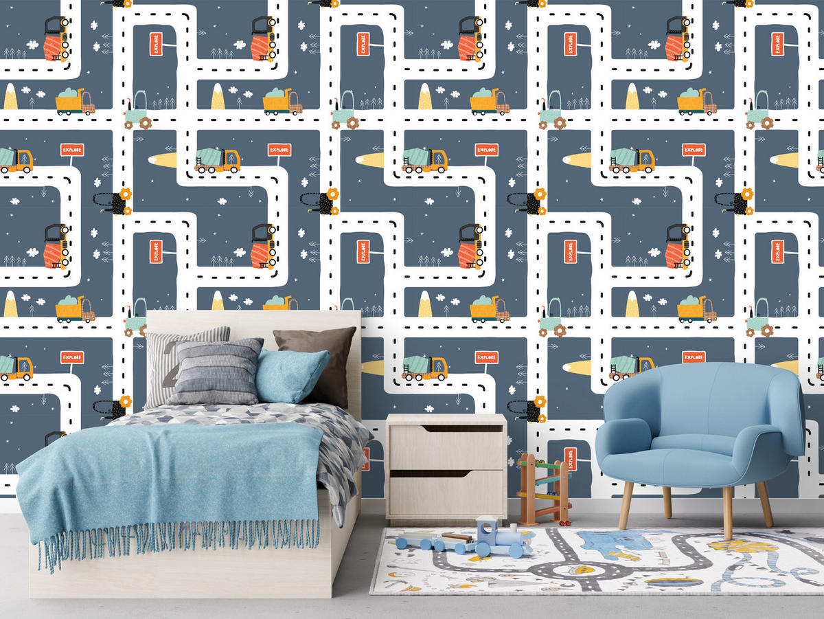 VLIESTAPETE Straßen und Fahrzeuge – Blau, Grau, Gelb – 50x1000 cm - Blau/Gelb, Papier (50/1000cm) - Muralo
