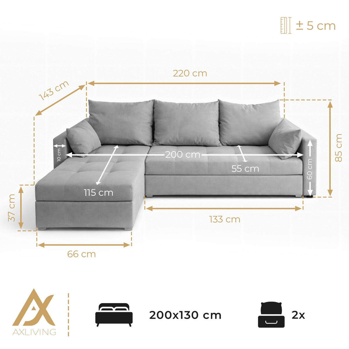 ECKSOFA Universelle L Form Elif Braun 220/140/85 cm stilvolle mit Schlaffunktion - Silberfarben/Braun, Kunststoff/Textil (220/140cm) - AX Living