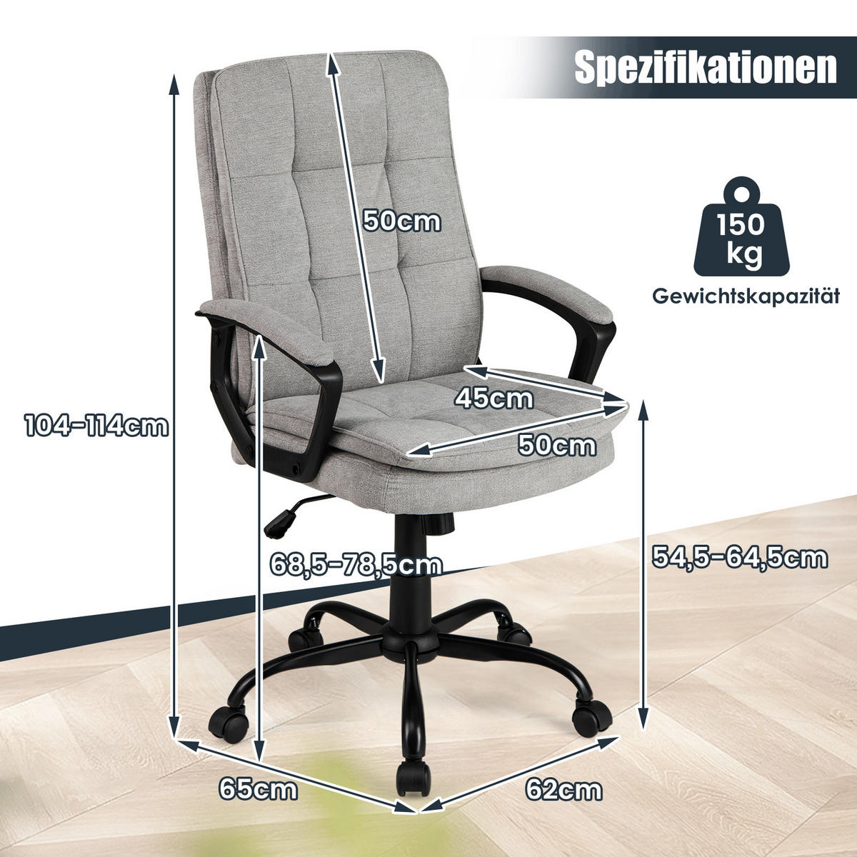 BÜROSTUHL höhenverstellbar mit Armlehnen und Rollen grau - Grau, Metall (50/104/45cm) - COSTWAY
