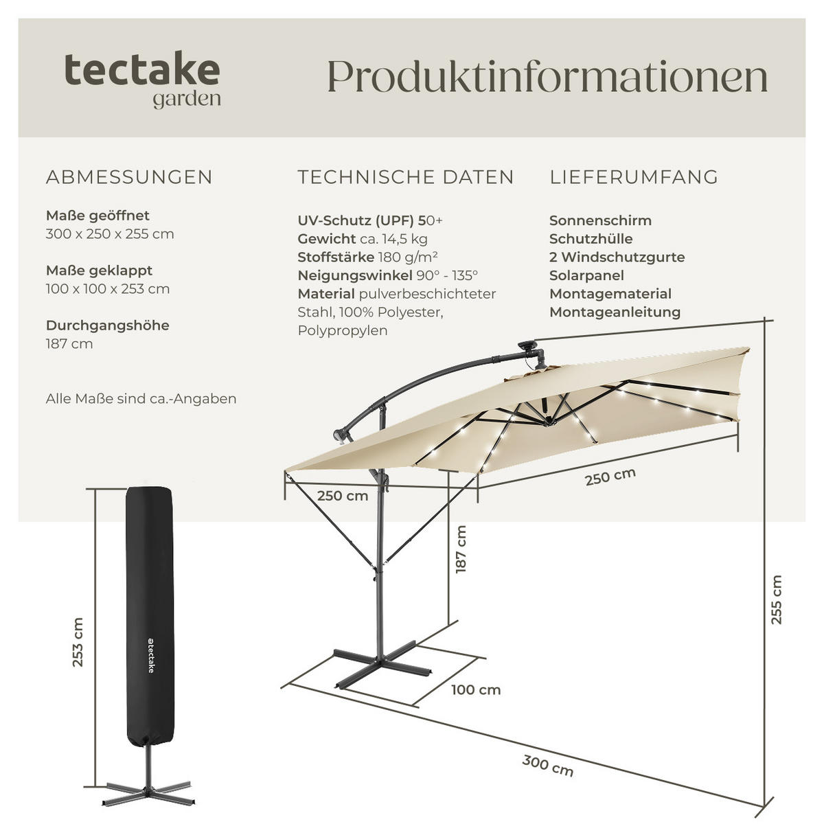 SONNENSCHIRM Sunna,wasserabweisend, inkl. Windsicherung und Schutzhülle,beige - Beige, Kunststoff (250/300cm) - tectake