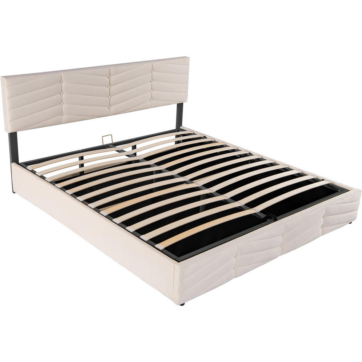 BETT Streifen-Stil Samt 180x200 Beige Hydraulischer Stauraum - Beige, Textil - Raelunyi
