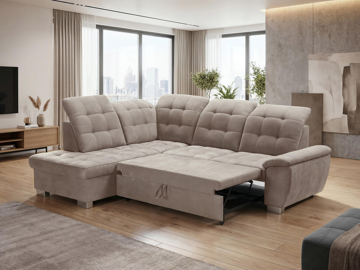 ECKSOFA LENO Links, mit Schlaffunktion und Bettkasten, Beige - Beige, Kunststoff/Textil (261/220cm) - Idohome