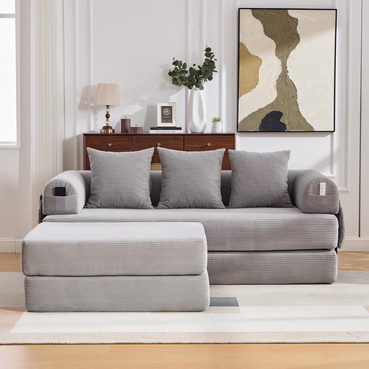 ECKSOFA aus Cord 200x190x67 cm Hellgrau frei kombinierbar mit Hocker, 3 Kissen und Seitentasche - Hellgrau, Textil (200/190cm) - Modfu