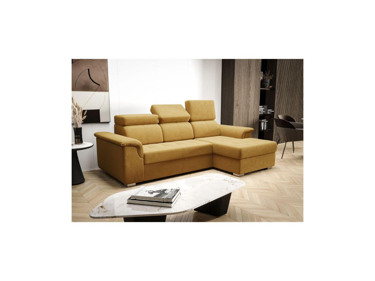 ECKSOFA KONGO RBN06, Eckcouch in L-Form mit Schlaffunktion, Farbe: Gelb, Velourstoff, Ottomane Rechts - Gelb, Textil (247/165cm) - O-Sofa