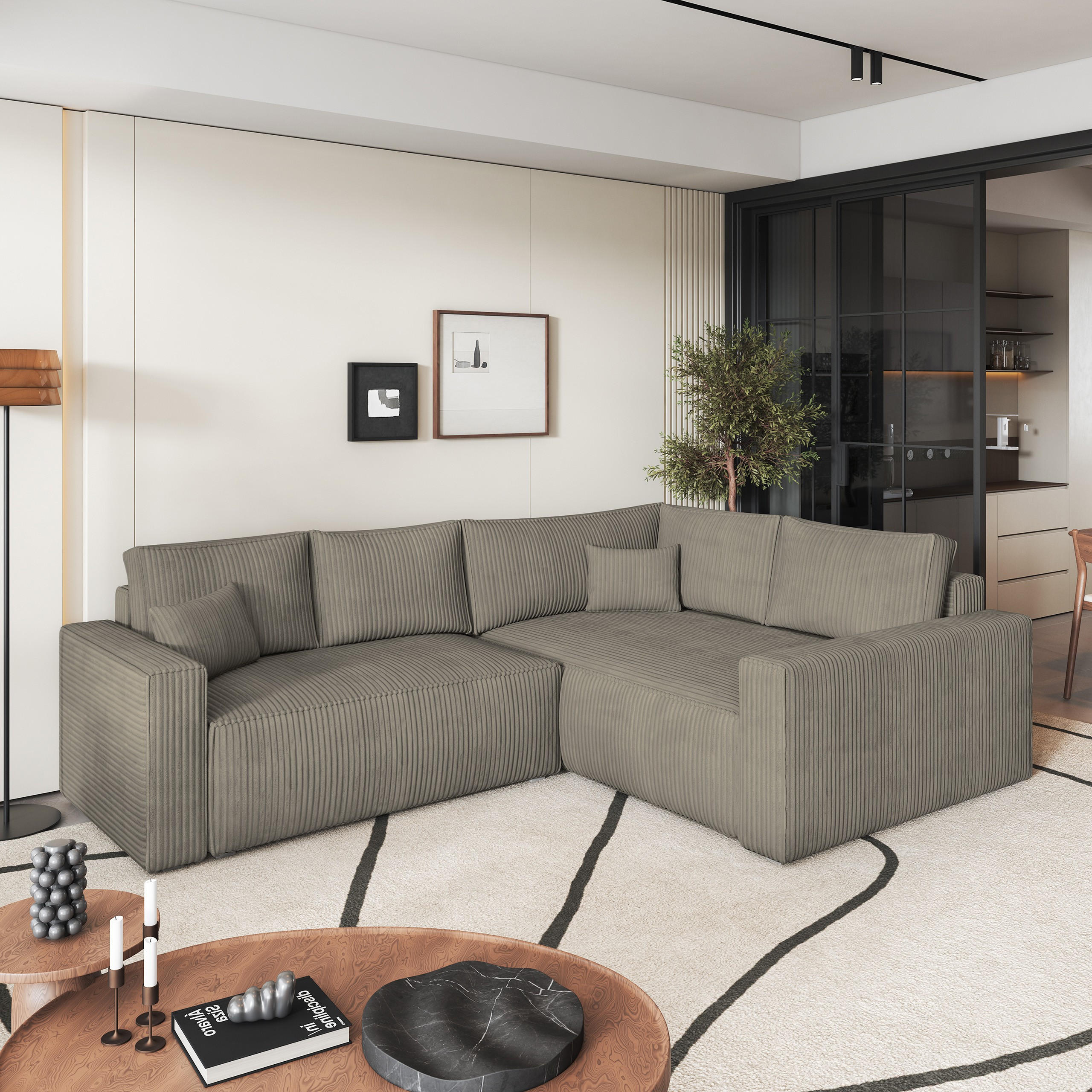 ECKSOFA ERONIS R-S Beige Kordstoff mit Schlaffunktion - Beige, Holz (265/194cm) - MASSENO