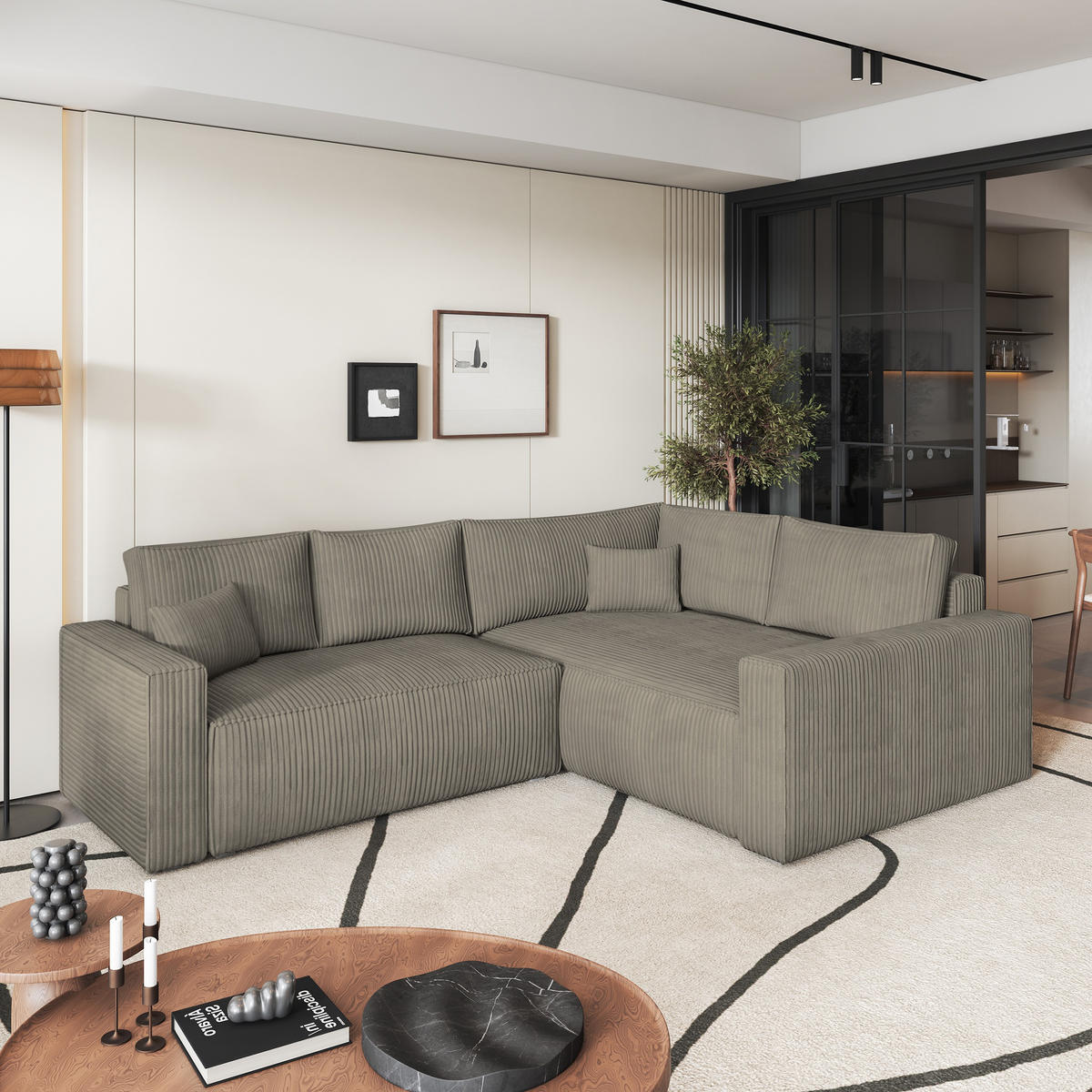 ECKSOFA ERONIS R-S Beige Kordstoff mit Schlaffunktion - Beige, Holz (265/194cm) - MASSENO