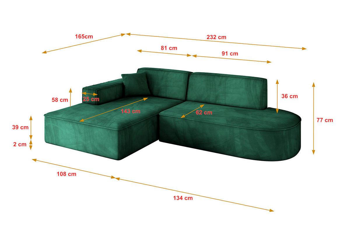 ECKSOFA Ottomane Links IREA-L1-v4 - 232x165x77 cm Grün - Dunkelgrün, Holzwerkstoff/Textil (232/165cm) - ALTDECOR