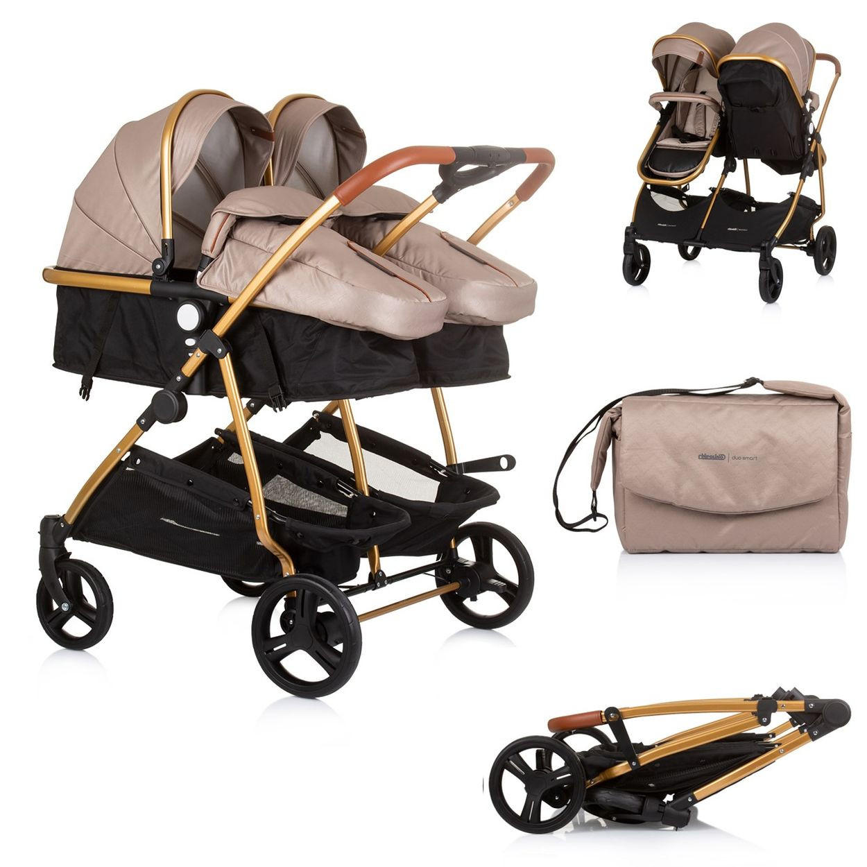 GESCHWISTERKINDERWAGEN Duo Smart beige/braun klappbar, umbaubar, verstellbar, Fußsack - Beige/Braun, Metall (80/75/104cm) - Chipolino