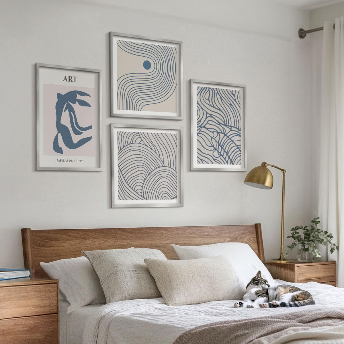 BILDER SET 4er Set - 50x50 cm & 40x60 cm Silberner Rahmen - Abstrakte blaue Linien - Silberfarben, Kunststoff (50/50cm) - TULUP