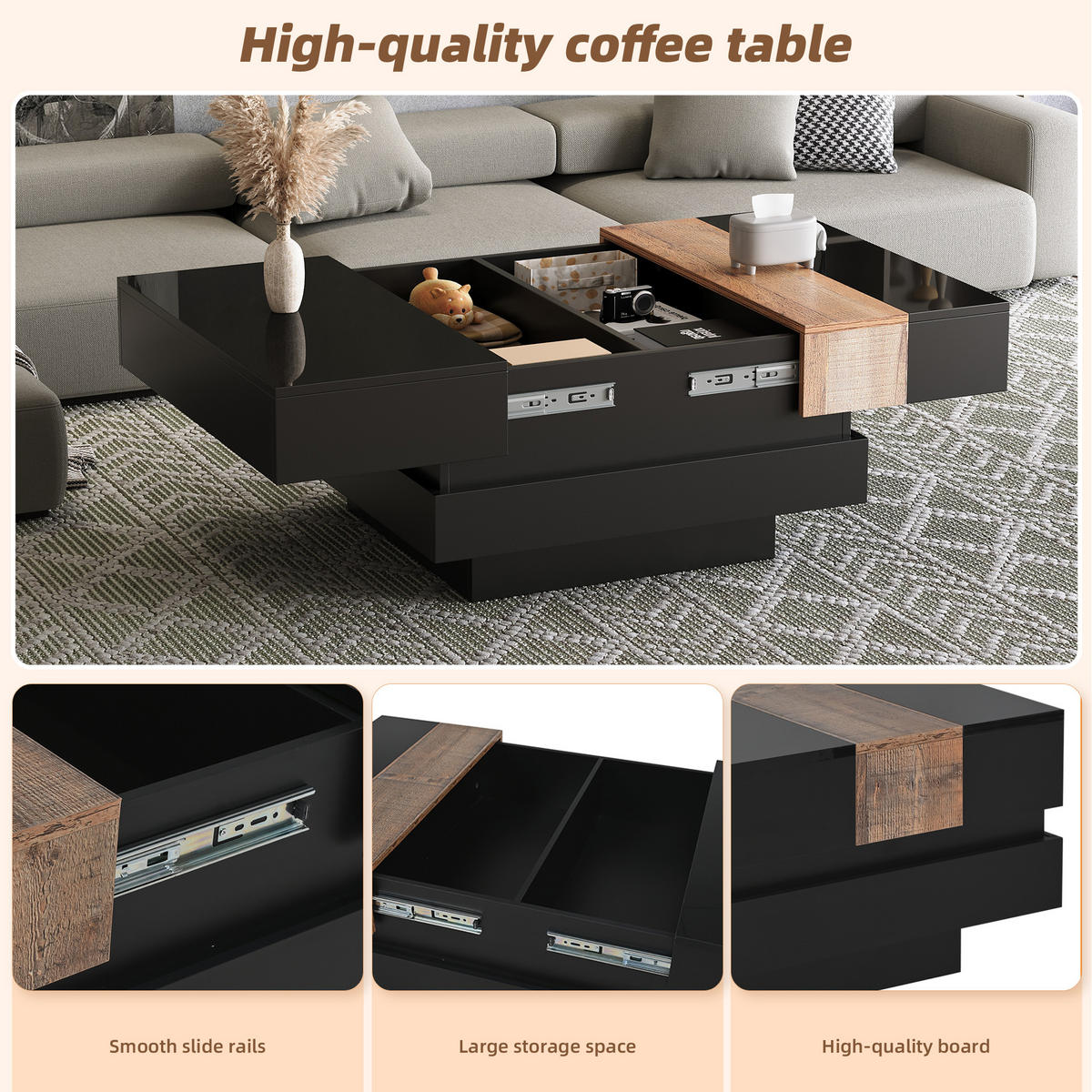 COUCHTISCH mit ausziehbarer Platte & Stauraum, MDF/PB, Schwarz-Holz Optik, Hochglanz, 70/70/39 cm,Schwarz - Schwarz, Holzwerkstoff (70/70/39cm) - Redom