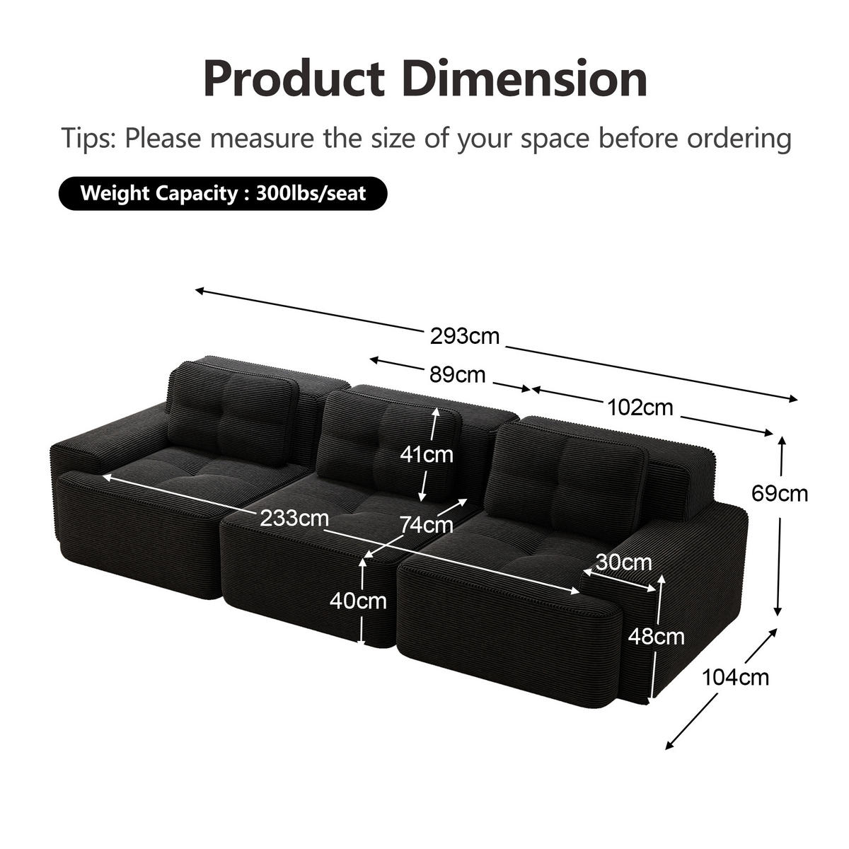 SOFA 293×104×69 cm aus kratzfestem Cordstoff rahmenlos, schwarz - Schwarz, Textil (104/69/293cm) - Luhomfu
