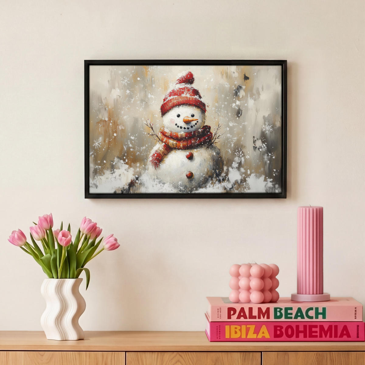 LEINWAND Bilder mit Rahmen - Schneemann - Winter - Schnee - Beige - 30x20 - Weiß, Textil (30/20cm) - MuchoWow