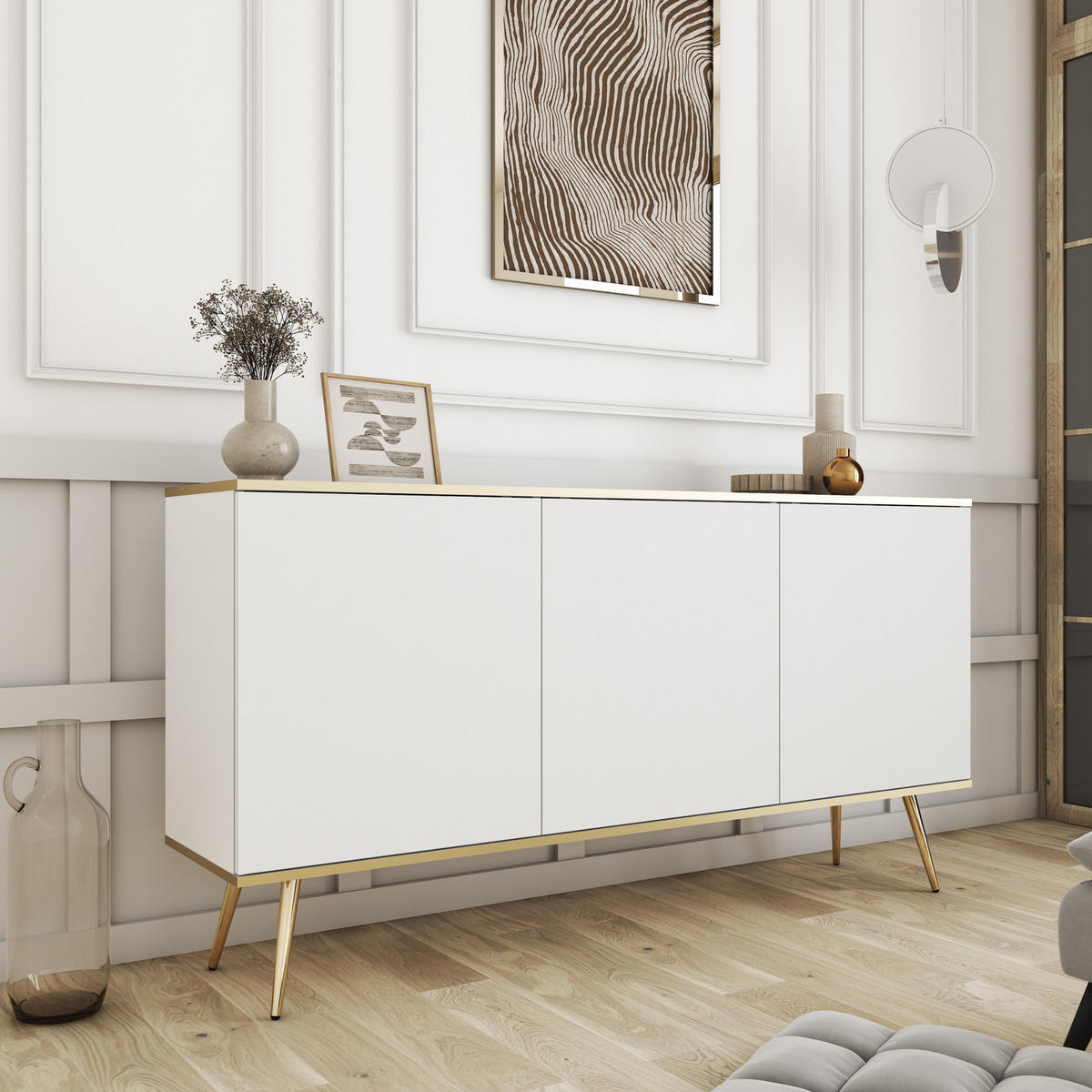 KOMMODE FORNO (Weiß, Goldene Details, 3 Türen, goldene Metallfüße) - Gelb/Goldfarben, Holz/Holzwerkstoff (160/85/39cm) - Ravio