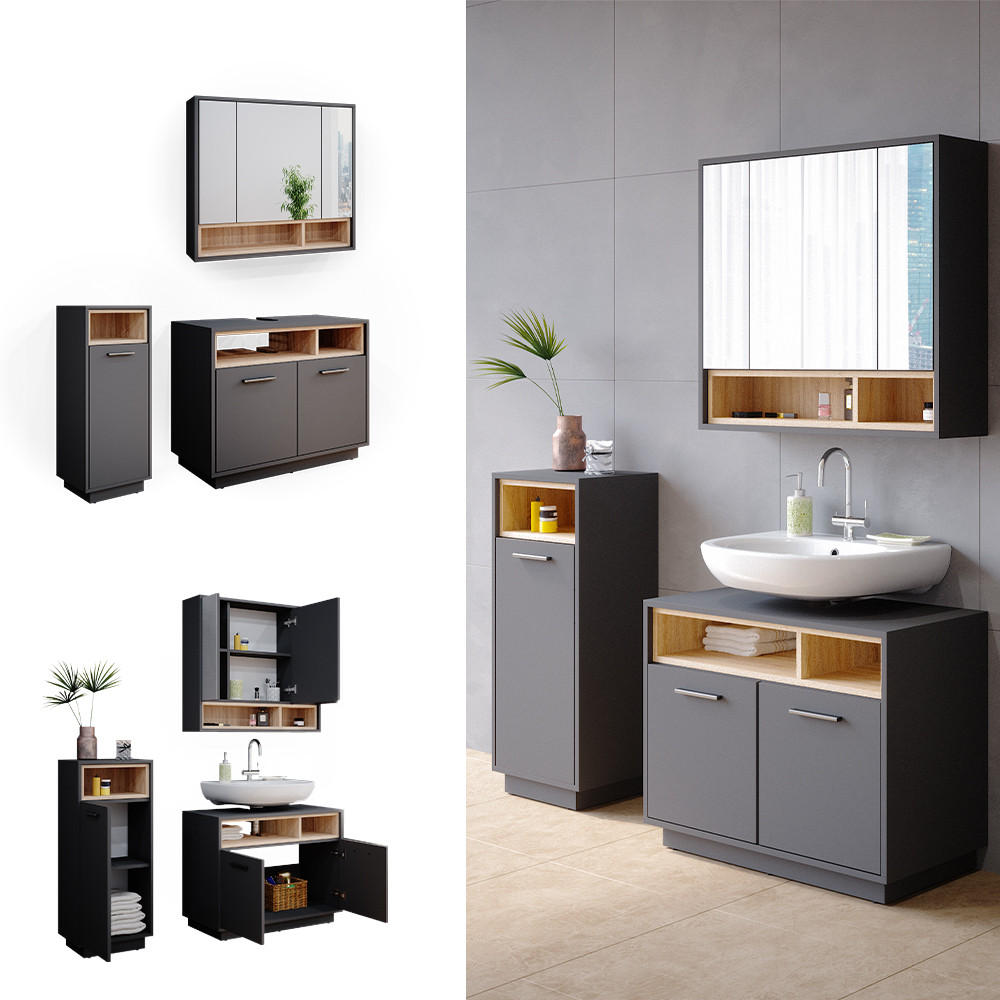 BADMÖBEL-SET Beatrice Anthrazit 3 Teile - Anthrazit/Sonoma Eiche, Holzwerkstoff (80/64/40cm) - Vicco