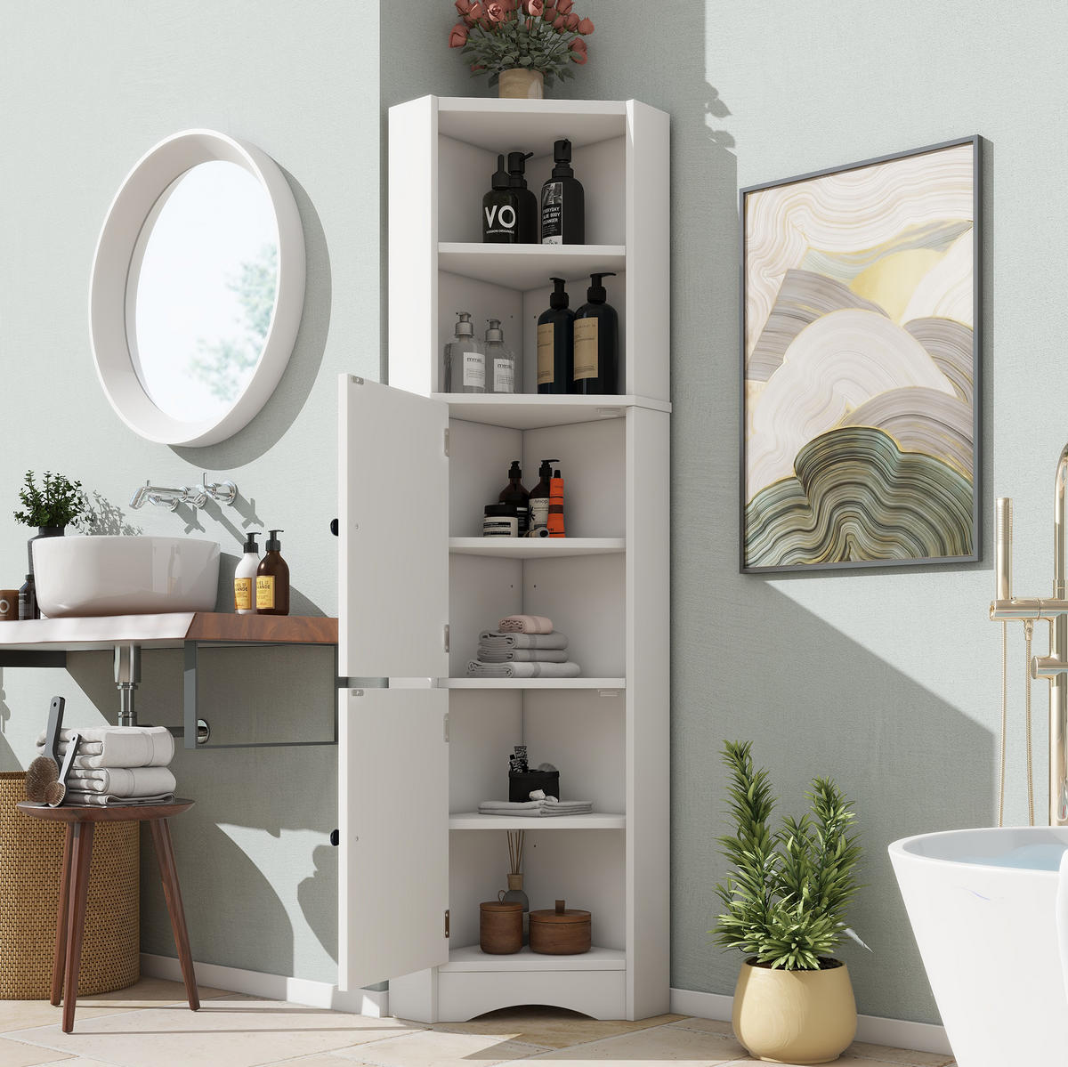 HOCHSCHRANK 51,7/32/155,4 cm aus MDF mit dreieckiger Eckform Weiß - Weiß, Holzwerkstoff (32/155.4/51.7cm) - Modenvie