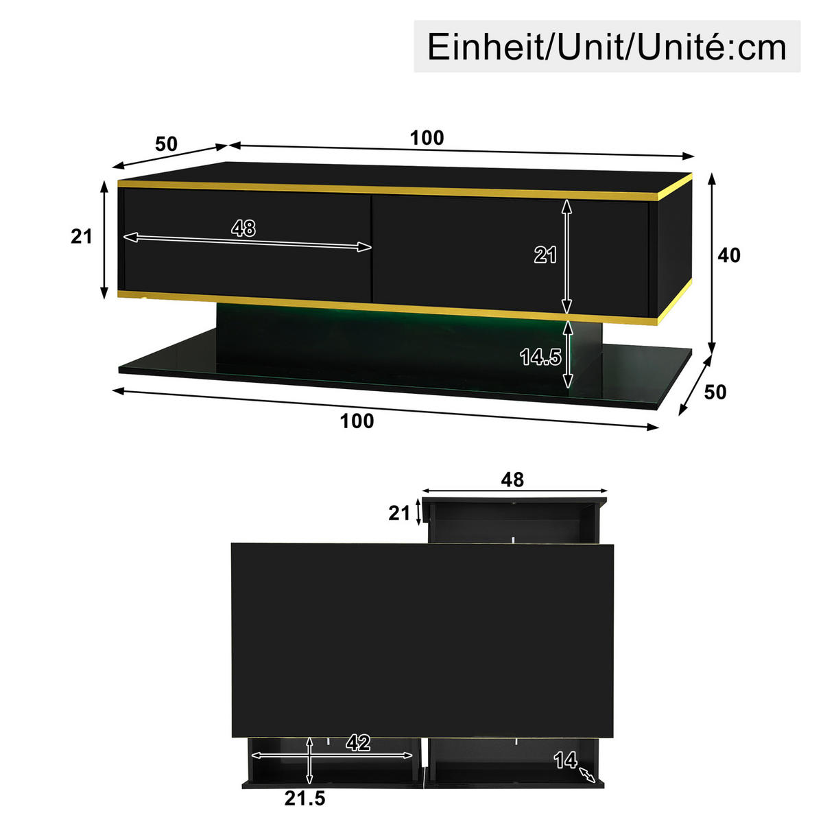 KONFERENČNÍ stolek 100/50/40 cm černý se zlatými prvky z dřevotřísky s LED a 3 zásuvkami - černá, kompozitní dřevo (100/50/40cm) - OKWISH