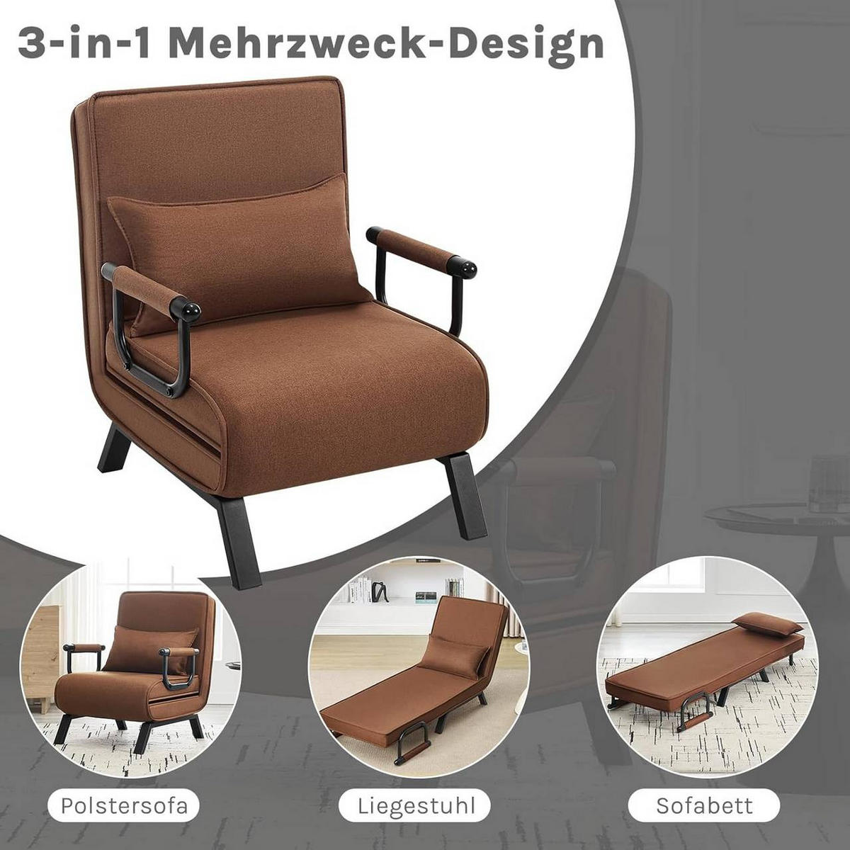 SCHLAFSESSEL 3 in 1, mit Verstellbarer Rückenlehne, Leinen Braun - Schwarz/Braun, Textil/Metall (65/78/75cm) - Woltu