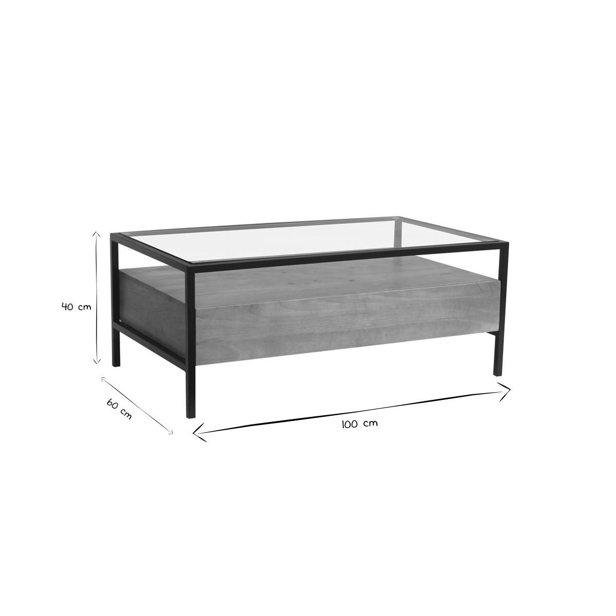 COUCHTISCH Rechteckig Massives Mangoholz Glas Schwarzes Metall Stauraum B100 cm SITA - Eiche Bianco, Holz (100/60/40cm) - Miliboo