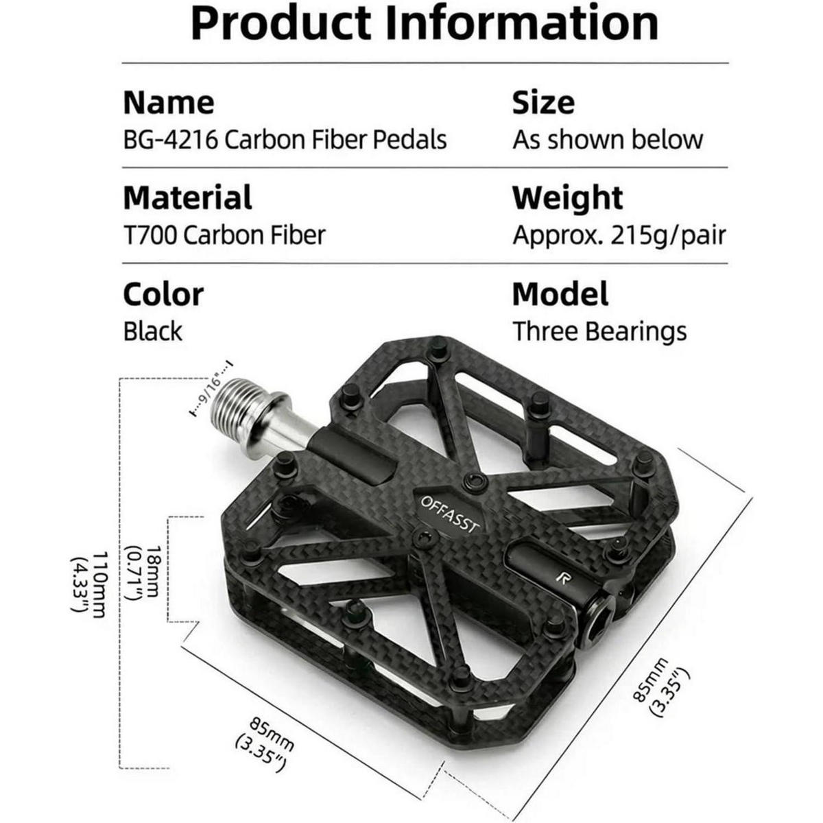 FAHRRADPEDALE Vollcarbon Ultralight 215g Titan-Achse 3 Lager 9/16" MTB Rennrad - Schwarz, Kunststoff (8.5/1.8/11cm)